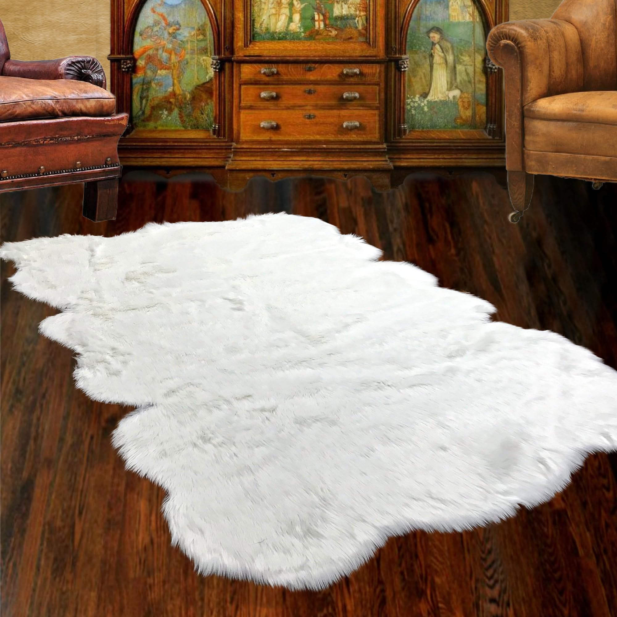 Luxury White Faux Fur Shag Area Rug - Soft Plush Sheepskin Carpet with Sculpted Edge - 3'x6' Gray Rectangle Accent Rug for Living Room, Bedroom & Nursery Decor