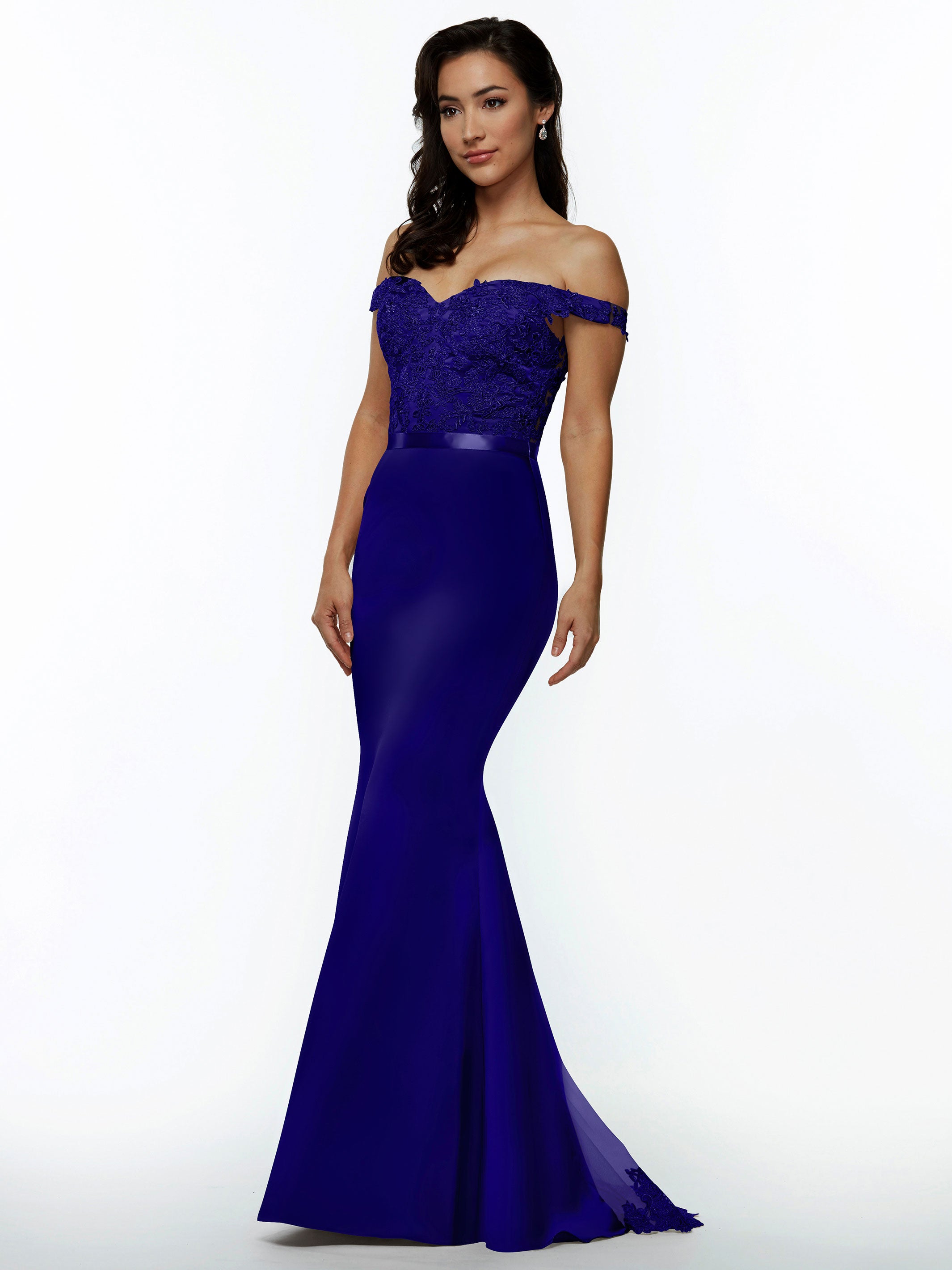 Elegant 80104 Satin Off-The-Shoulder Bridesmaid Dress with Lace Bodice & Waist Sash - Perfect for Weddings, Proms & Formal Events