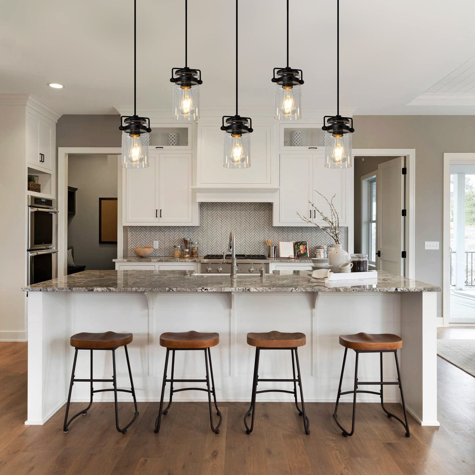 5-Light Black Linear Chandelier for Kitchen Island & Dining Room - Farmhouse Style Pendant Lighting with Glass Shades | Perfect for Modern Farmhouse, Rustic, and Industrial Home Decor