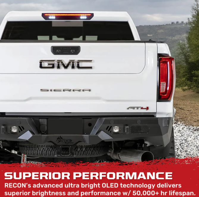 GMC Sierra & Chevy Silverado 20 25 2500 & 3500 Ultra High Power Red LED 3rd Brake Light with CREE XML White LED Cargo Lights - Fits 4th Gen Single Wheel & Dually (Replaces OEM LED 3rd Brake Light with 2 Cargo Bed Cameras, Smoked Lens) - Perfect for Night Driving & Enhanced Safety