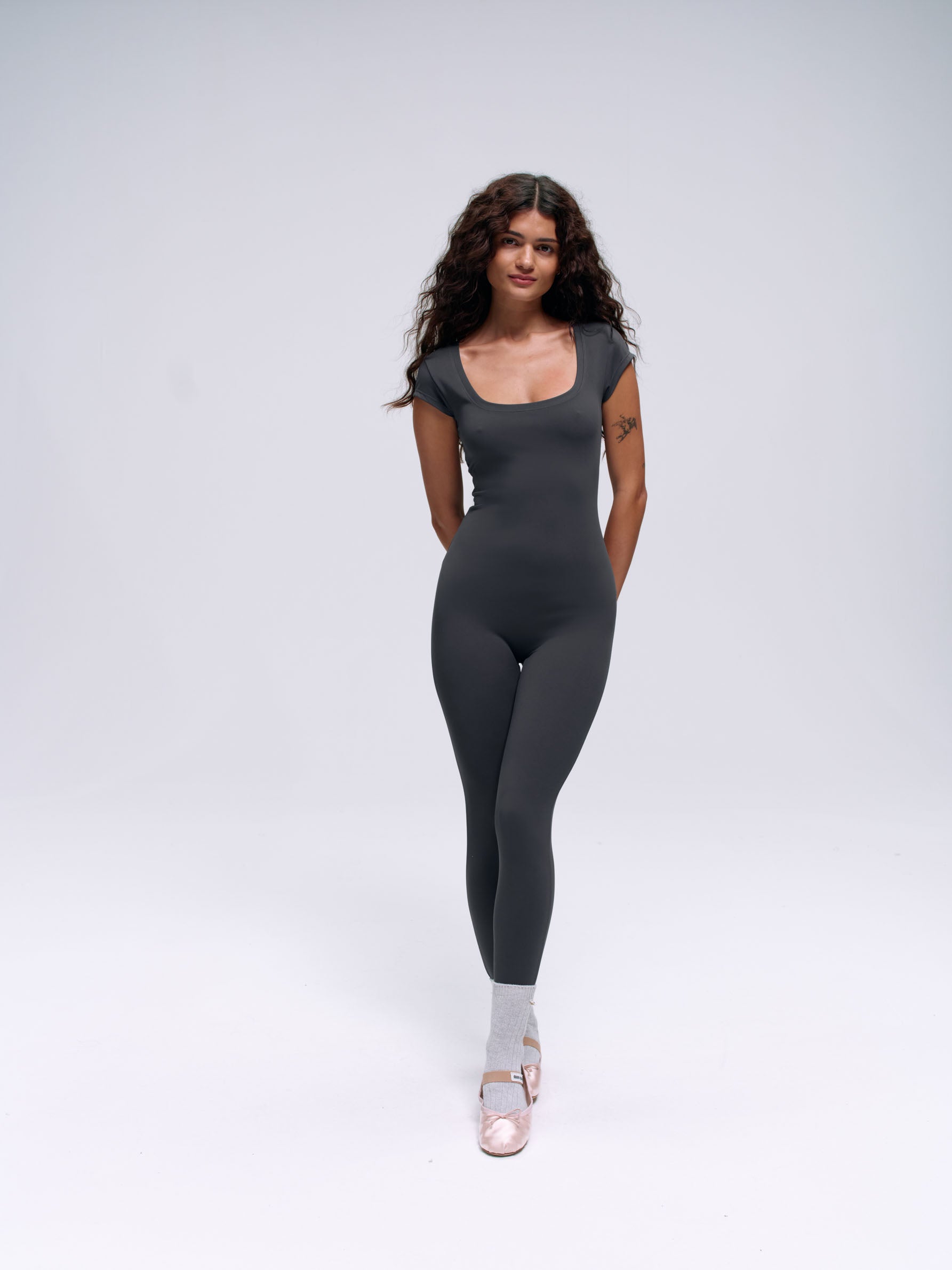 Ultimate Scoop Neck Cap Sleeve Unitard - Graphite Grey | Women's Stretchy Bodysuit for Yoga, Dance & Everyday Wear