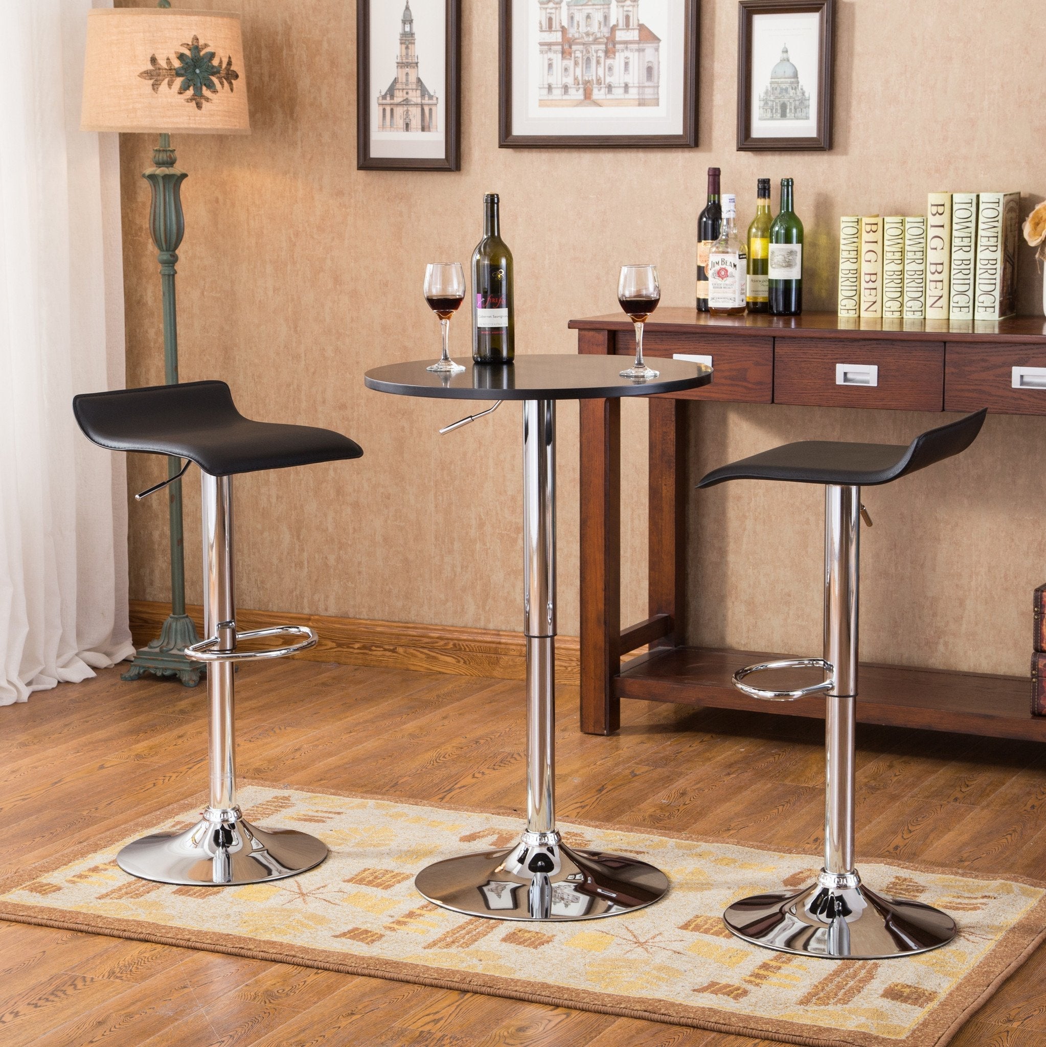 Baxton Adjustable Height Wood & Chrome Metal Bar Table with 2 Air Lift Swivel Stools - Modern Kitchen Island & Breakfast Nook Set for Home & Office