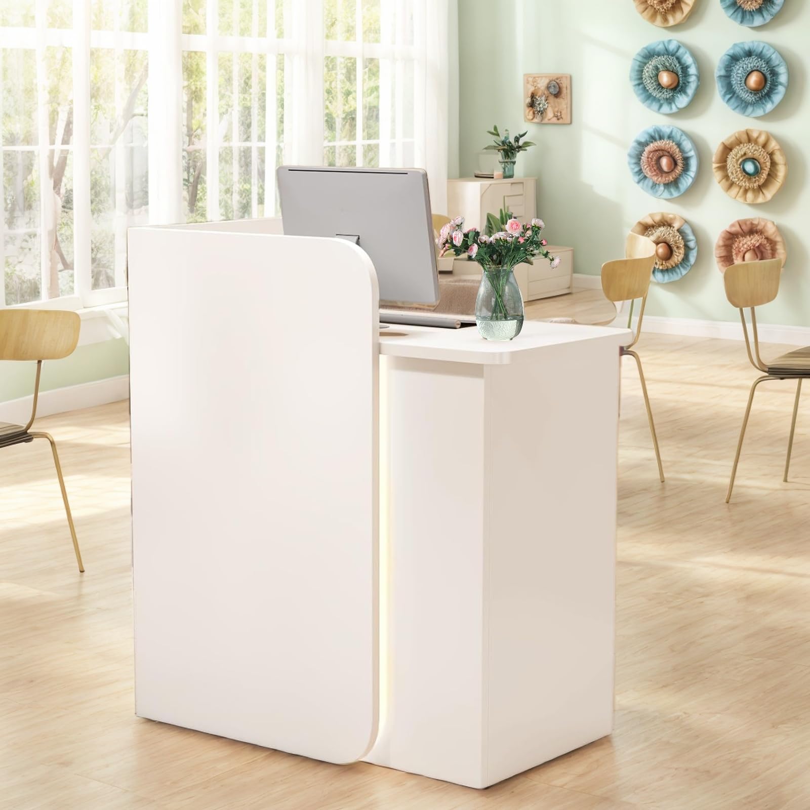 Modern White Reception Desk with Lockable Drawer - Front Counter for Salon, Beauty Shop & Supermarket Checkout | Perfect for Retail Stores, Office Lobbies & Customer Service Areas