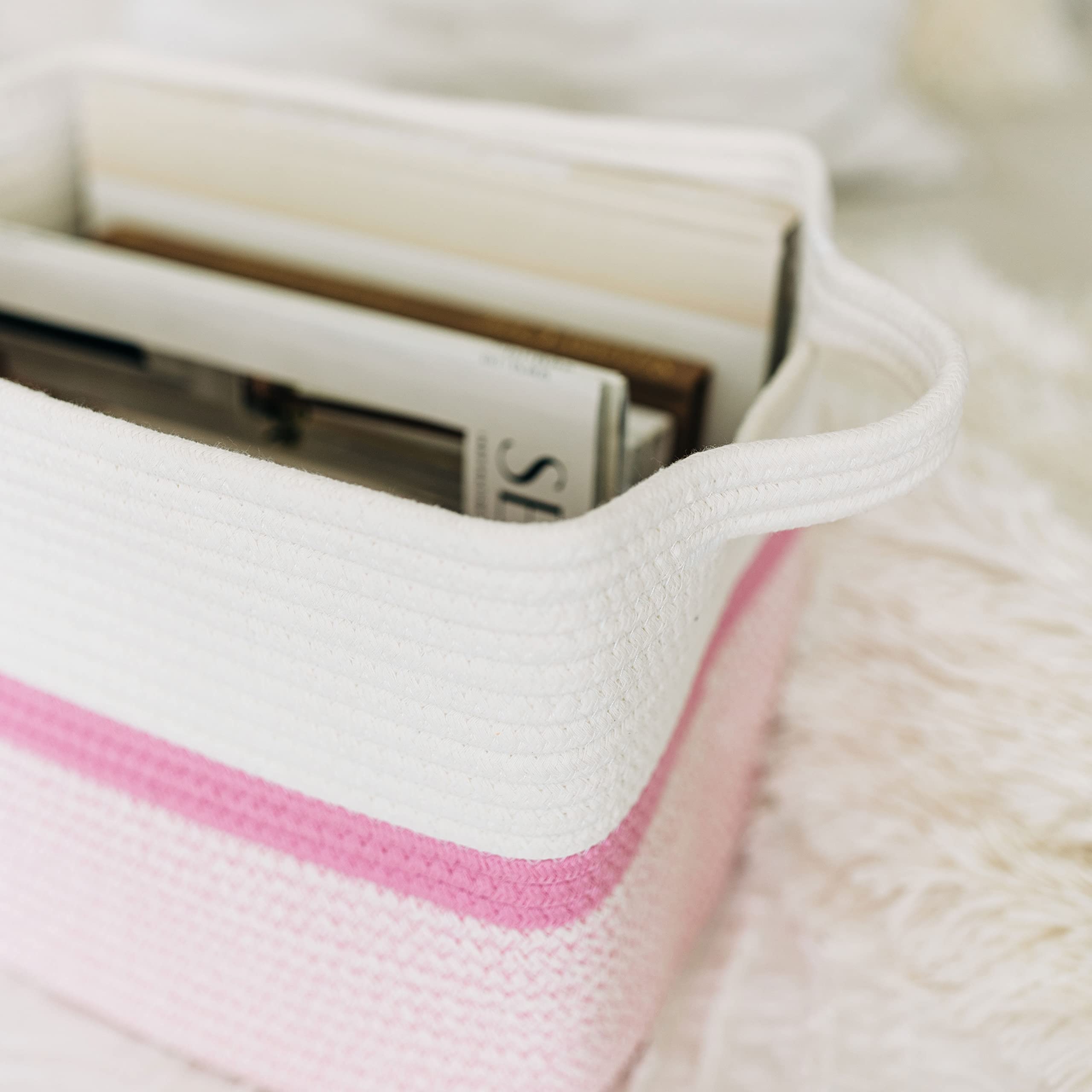 OrganiHaus Boho Book Basket - Soft Cotton Rope Storage Bin for Nursery, Living Room & Bedroom - Decorative Woven Basket for Books, Blankets, Toys & Magazines - Pink Home Organizer (14x9 Inches)