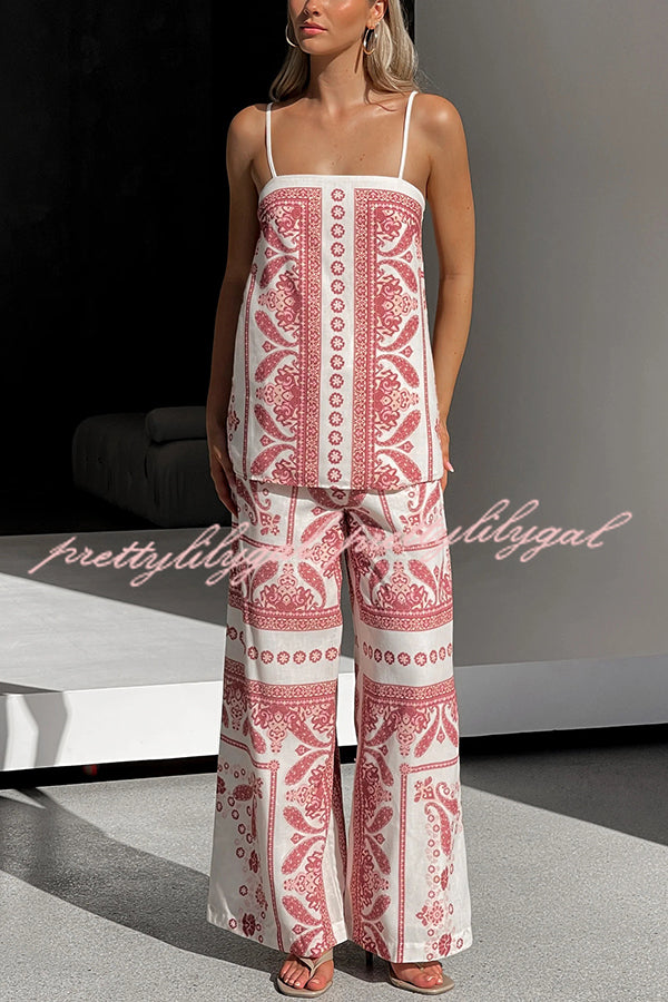 Stylish Printed Loose Casual Tank Top with Elastic Waist Wide Leg Pants Set - Women's Summer Outfit for Beach, Travel & Daily Wear