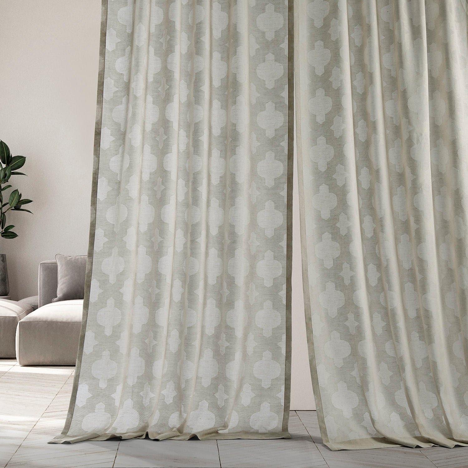 Calais Tile Grey Geometric Patterned Faux Linen Sheer Curtains - Modern Window Treatment for Living Room, Bedroom & Office Decor