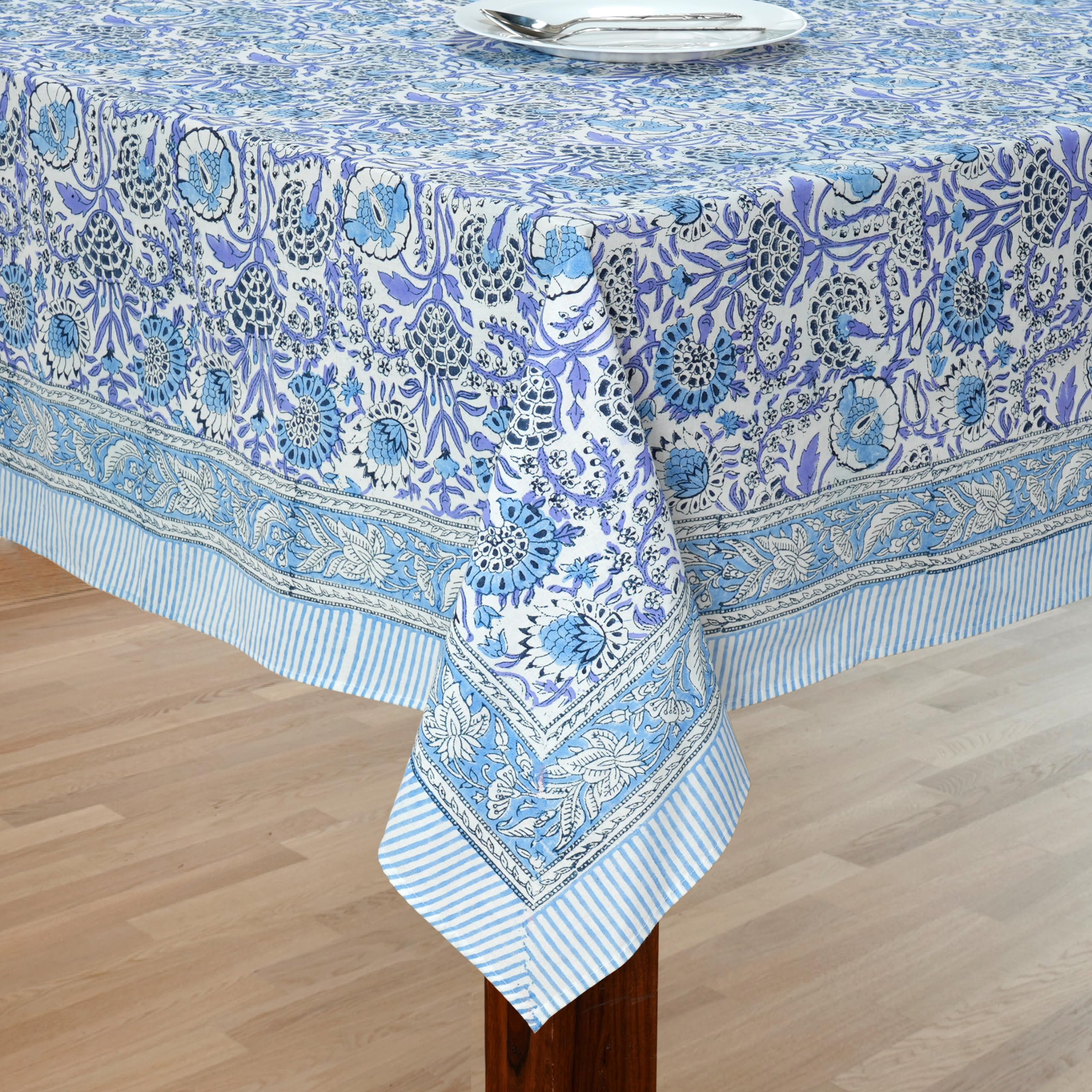 Premium 100% Cotton Indian Block Print Tablecloth - 72x140 Inch Rectangle Table Cover in Indigo Blue | Wedding, Spring/Summer, BBQ, Picnic & Outdoor Dining Decor