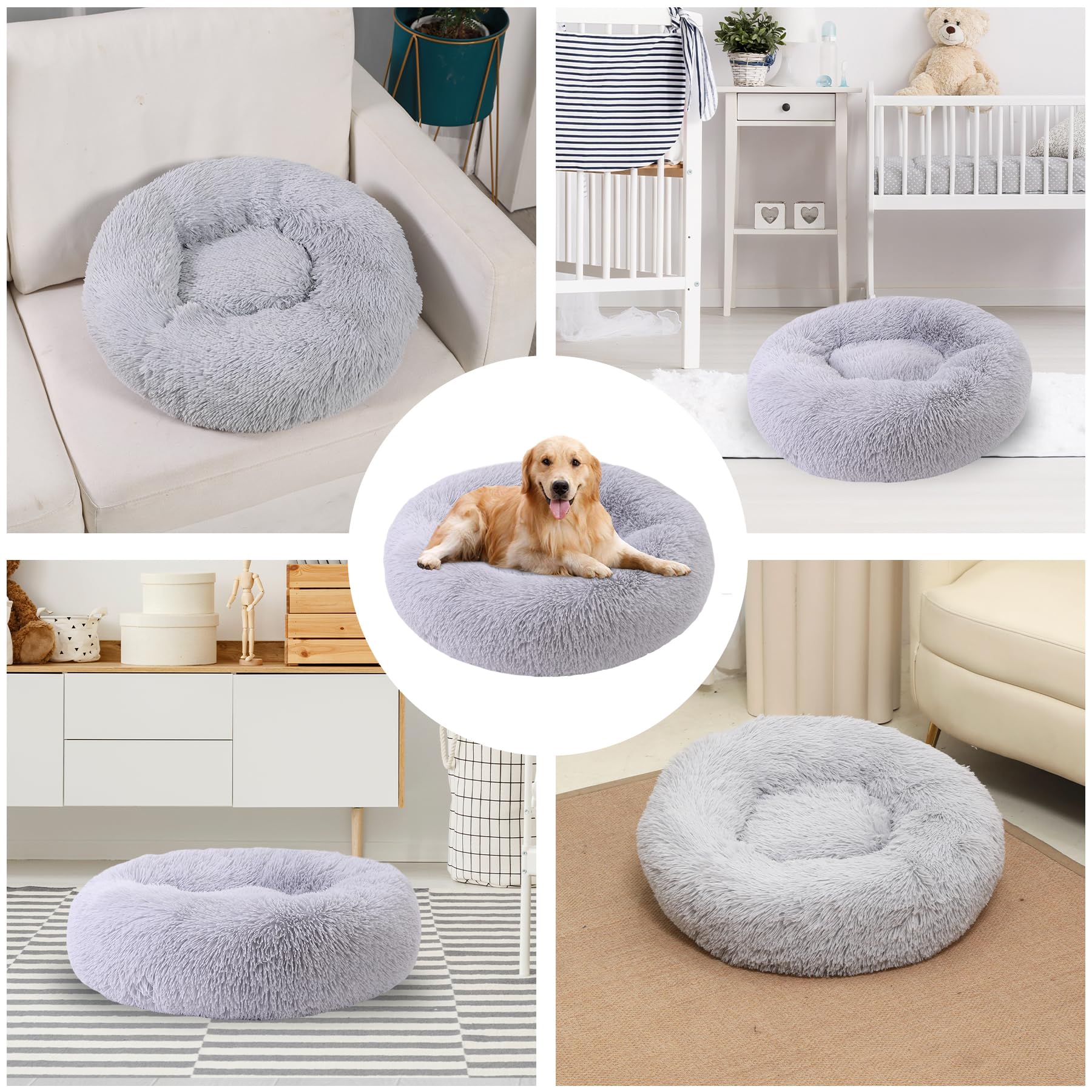 Calming Donut Dog Bed for Small to Medium Pets Up to 80 lbs - Anti-Anxiety Round Pet Bed with Fluffy Washable Cover & Non-Slip Bottom (36