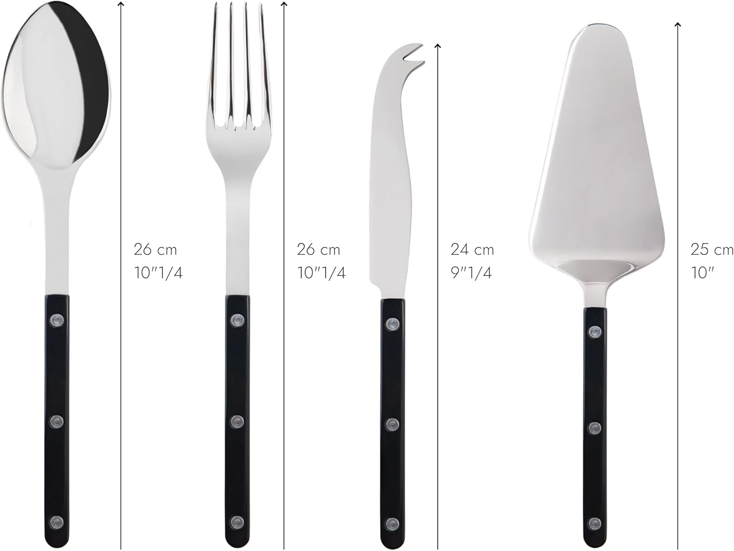 4-Piece Stainless Steel & Nylon Bistro Serving Set - 2 Flatware, Serrated Pie Server, Cheese Knife - Dishwasher Safe, Black Brilliant Finish - Perfect for Dinner Parties, Cheese Boards & Dessert Serving