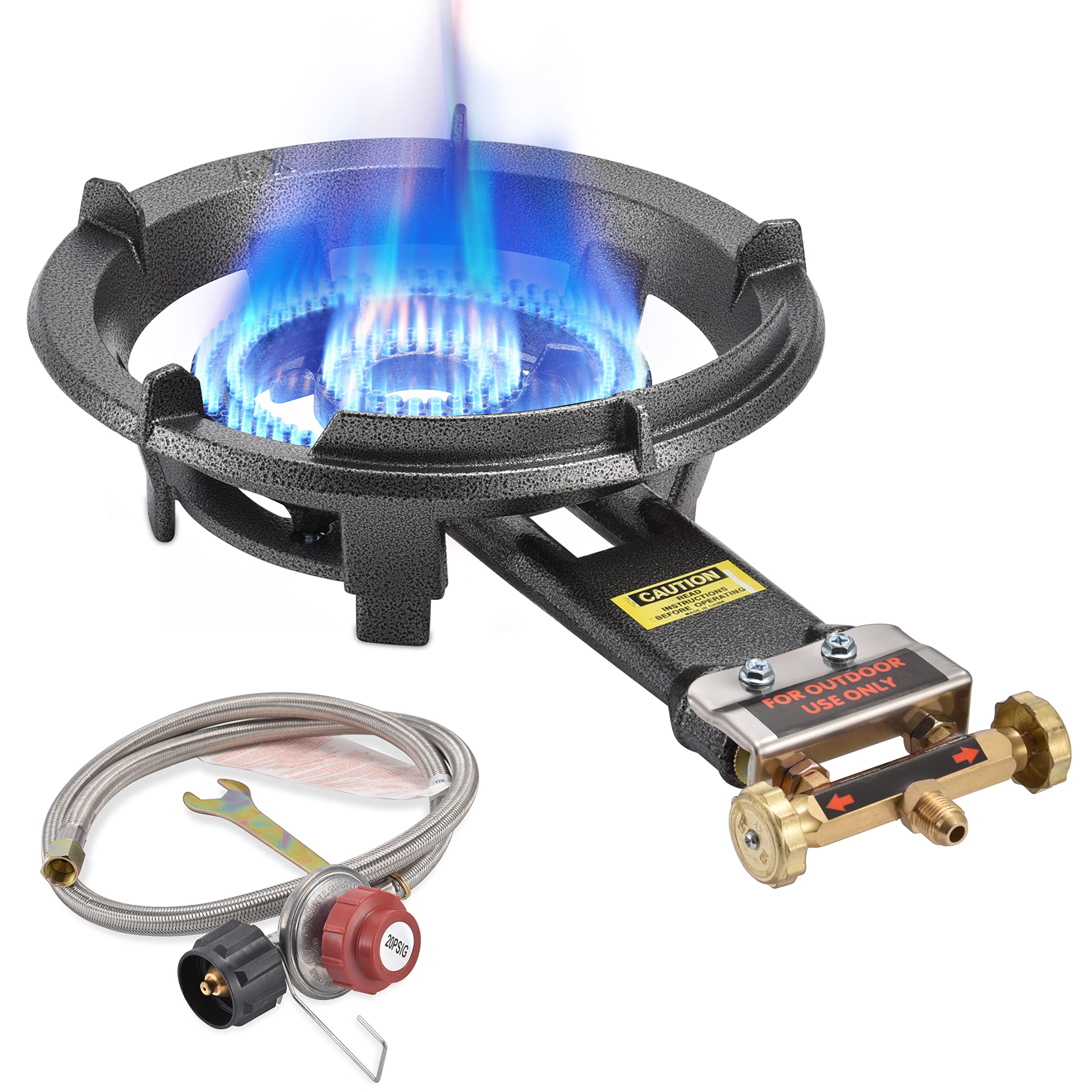 ARC Outdoor Propane Burner Stove - Heavy Duty Cast Iron Portable Single Burner with 0-20 PSI CSA Adjustable Regulator & Stainless Steel Hose - Perfect for Wok Cooking, Camping, Tailgating, and Outdoor Grilling