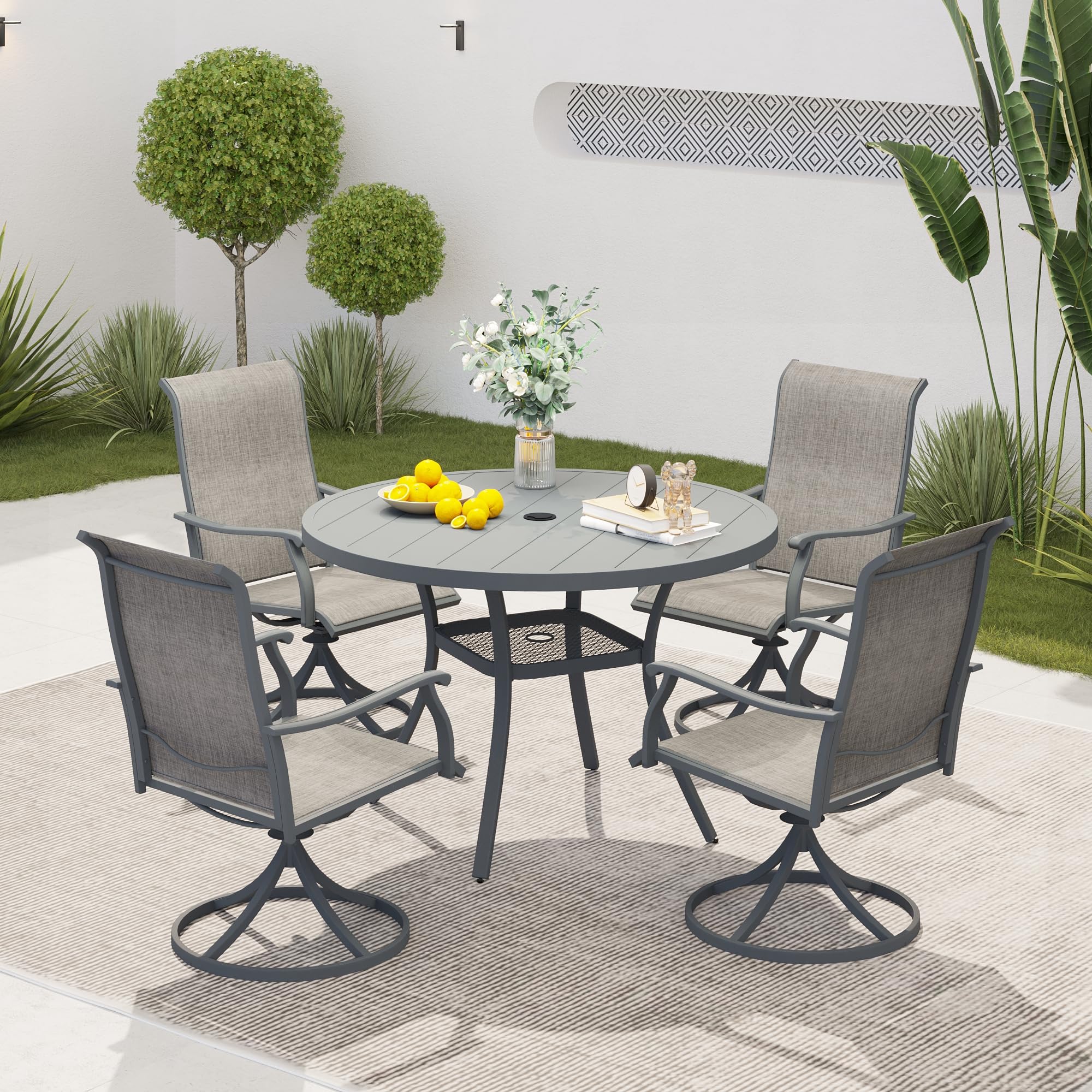 VICLLAX 5-Piece Outdoor Patio Furniture Set - All-Weather Swivel Chairs & Round Dining Table for Backyard, Deck, Garden - Dark Grey - Perfect for Outdoor Entertaining & Relaxation
