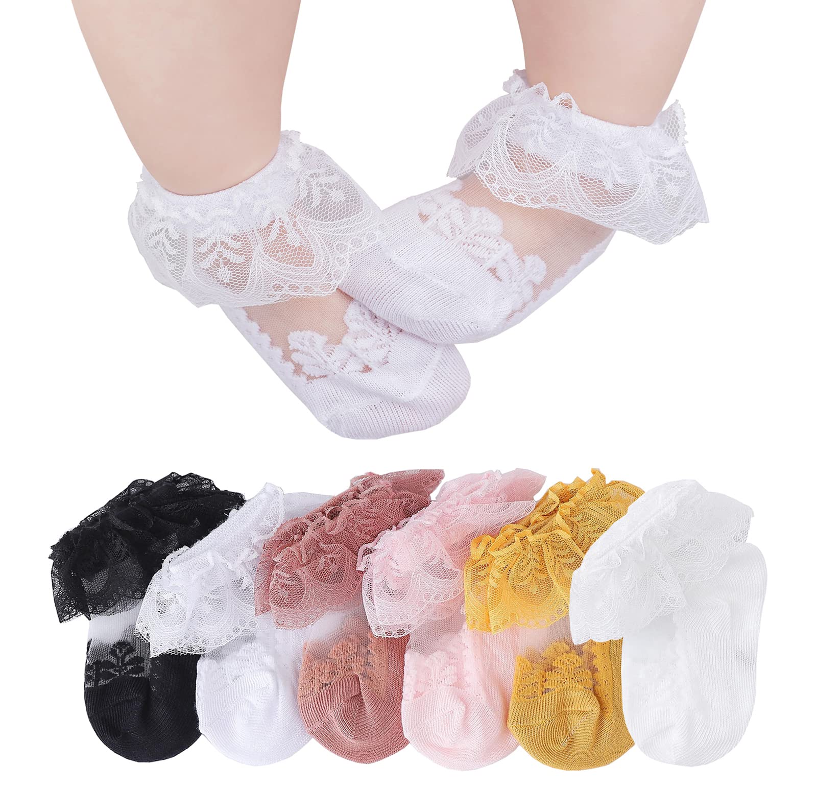 CHUNG Baby Toddler Girls Cotton Mesh Crew Socks with Frilly Lace Trim - Princess Ankle Socks with Ruffles (6-Pack) - Perfect for Dress-Up, Parties & Everyday Wear