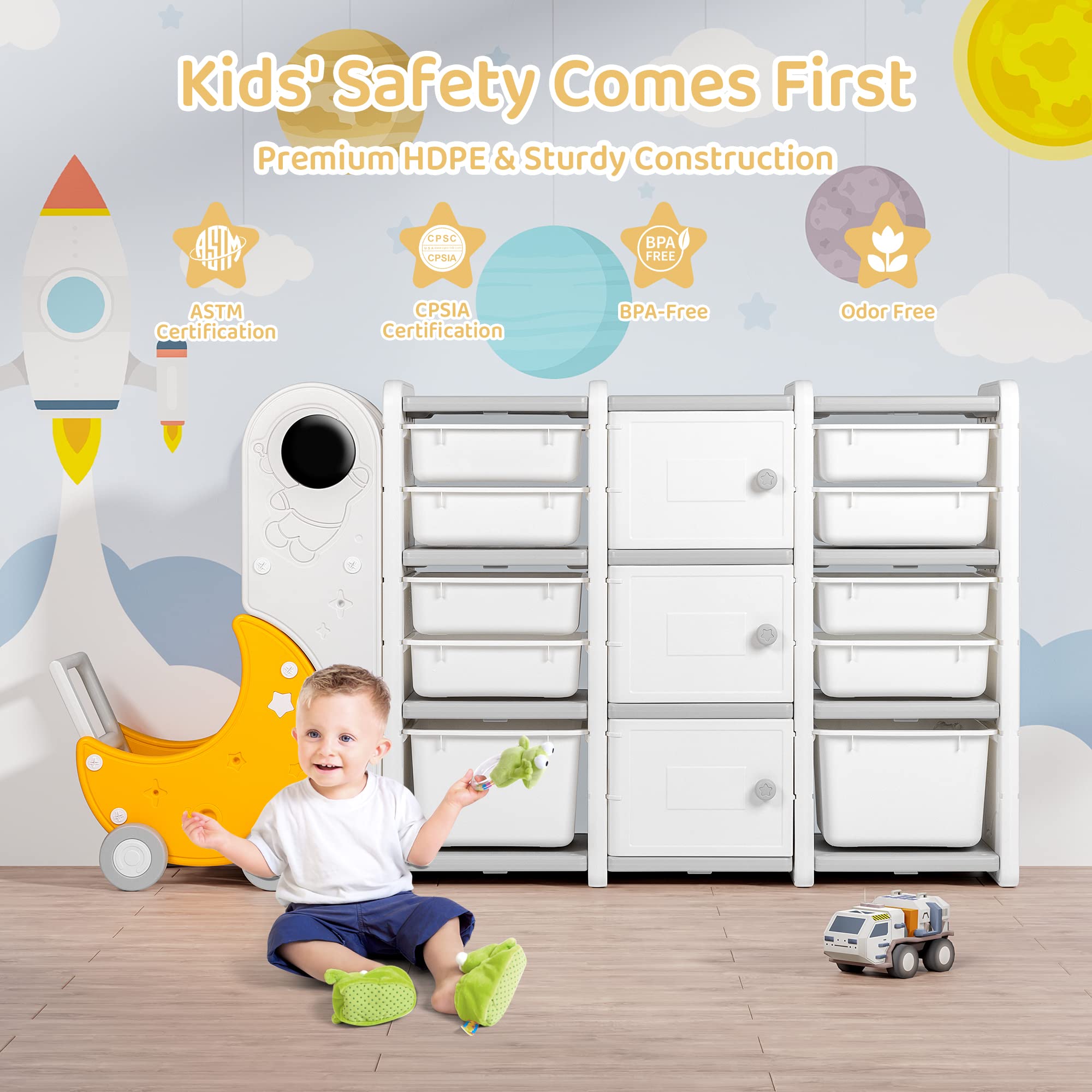 Duke Baby Kids 3-Layer Toy Storage Organizer with 10 Bins, 3 Cabinets with Doors & Bookshelves - Toy Cart for Playroom & Bedroom Organization (Ages 1-12) - Perfect for Kids' Room, Nursery, and Daycare Storage Solutions