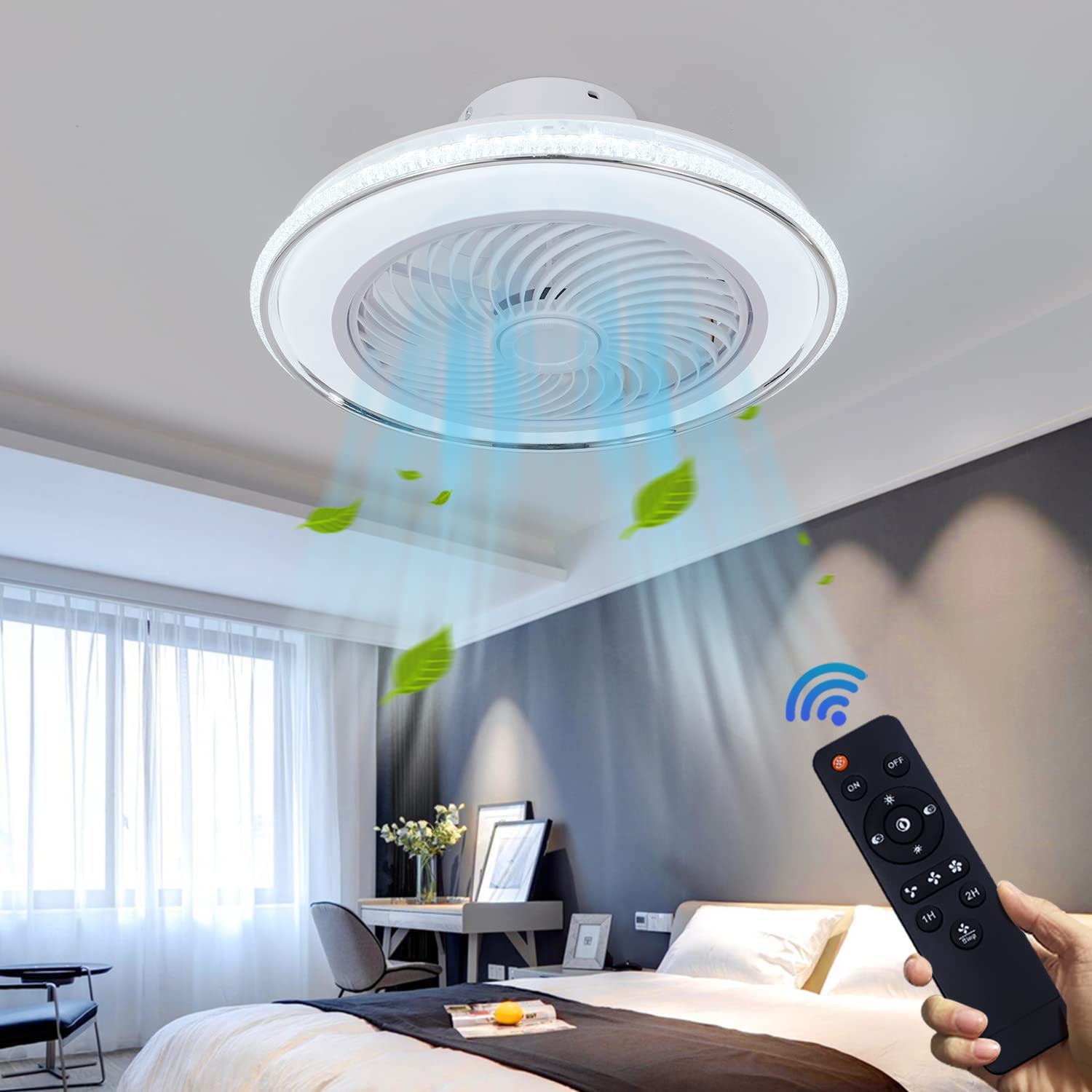 PINFM 20 Inch Low Profile Ceiling Fan with Light and Remote Control, 72W Enclosed Bladeless Ceiling Fan - 3 Color Dimmable LED, 3 Speed Settings, 1/2 Hour Timer - Perfect for Living Room, Bedroom, and Office Spaces