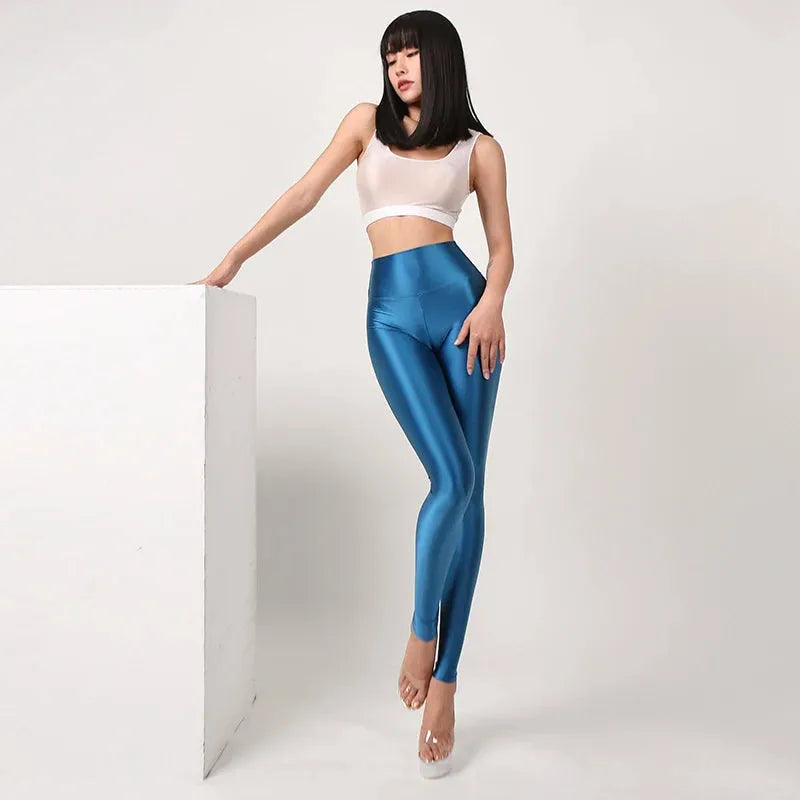 Seamless Satin Glossy High Waist Yoga Pants for Women - Sexy Tight Silk Leggings, Plus Size Workout Pants, Shiny Sports Tights for Fitness, Dance & Lounge Wear