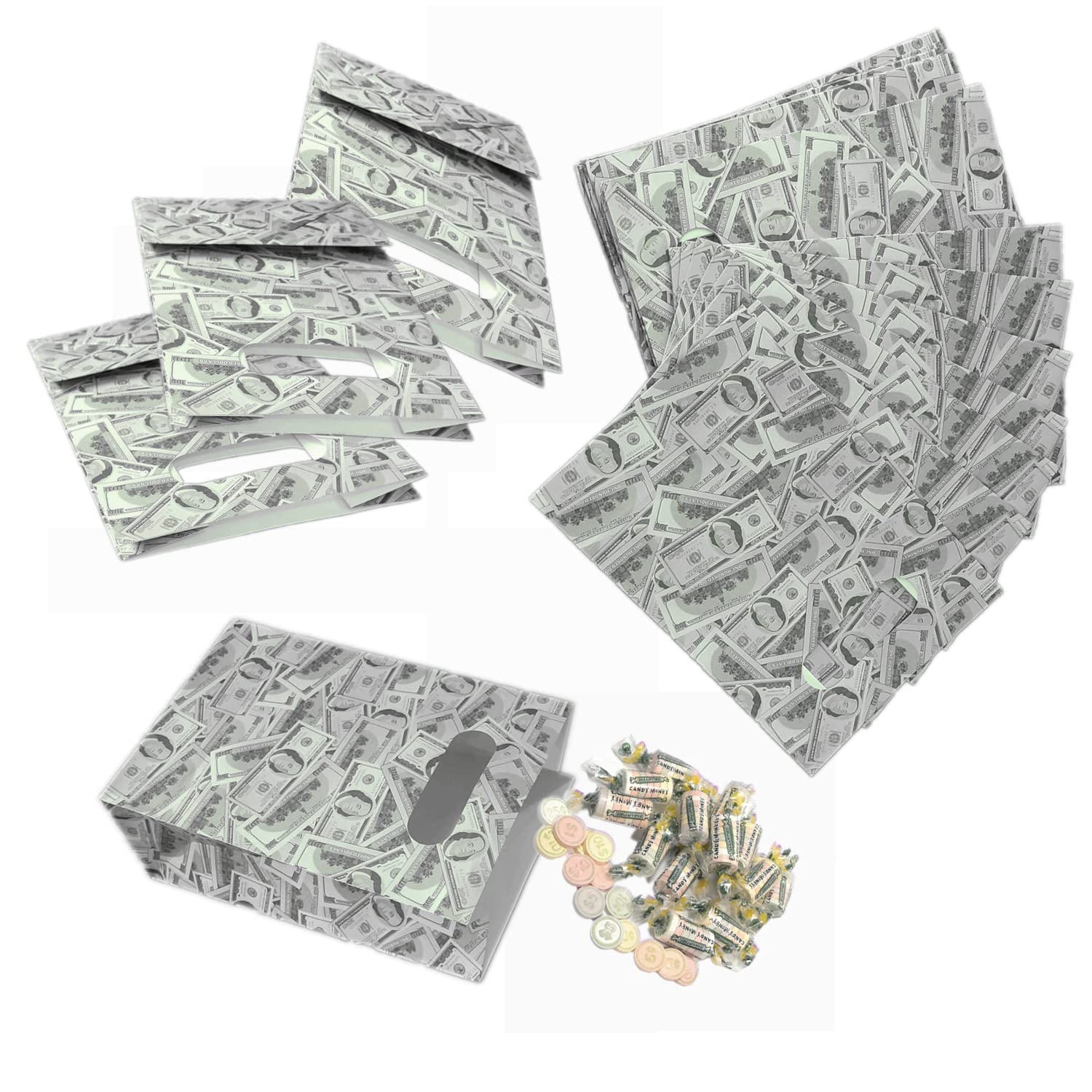 20pcs Money Themed Party Favor Bags - $100 Dollar Bill Design Goodie Bags for Birthday, Wedding, Anniversary, Casino, Bachelorette & Retirement Parties - Perfect for Cash Gifts, Treats & Party Favors