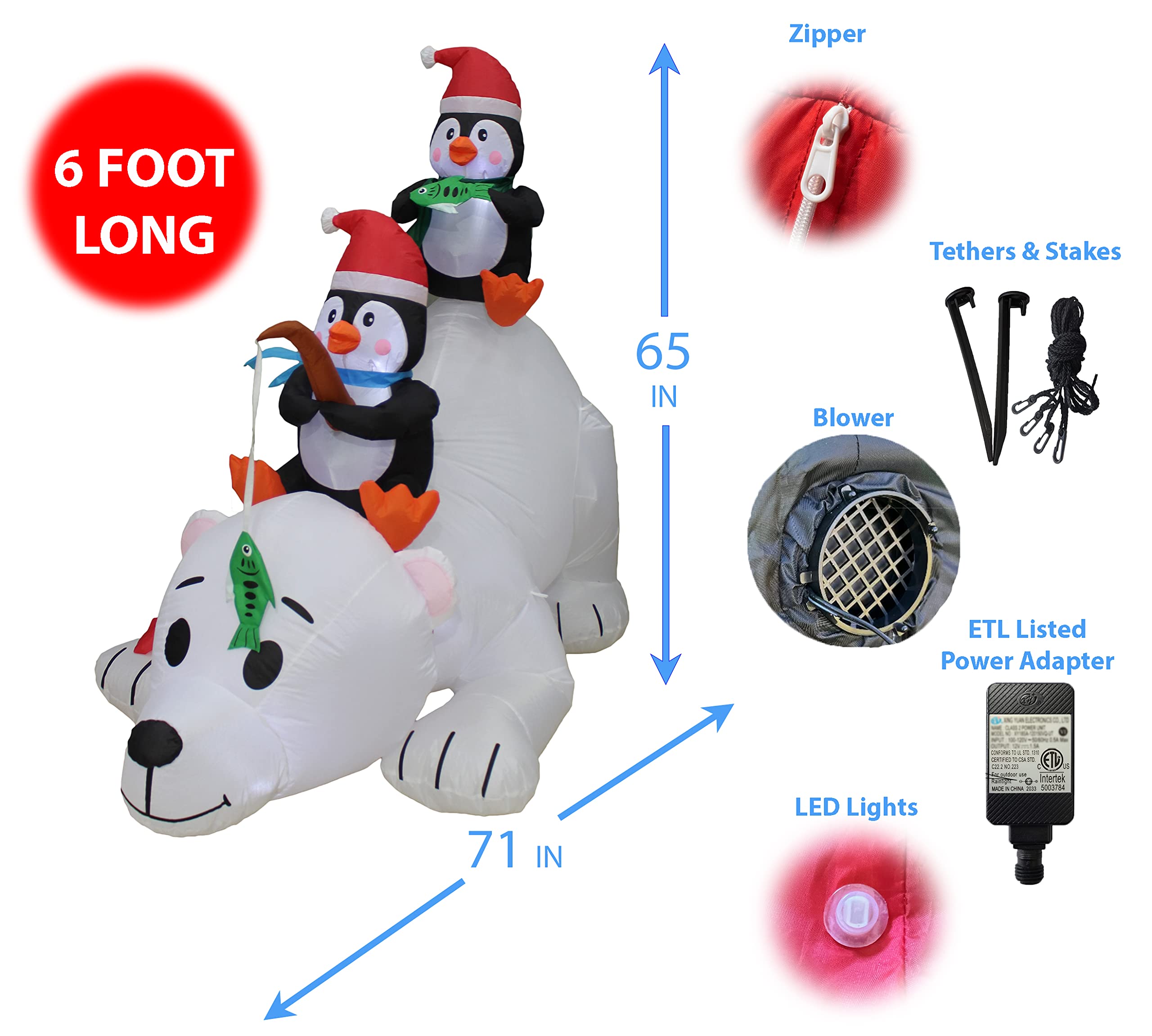 5ft & 6ft Christmas Inflatable Penguins Decorations Set - Family Penguin & Fishing Penguin on Polar Bear Outdoor Yard Decor for Xmas Party, Holiday Home Decoration, Winter Festival Celebration