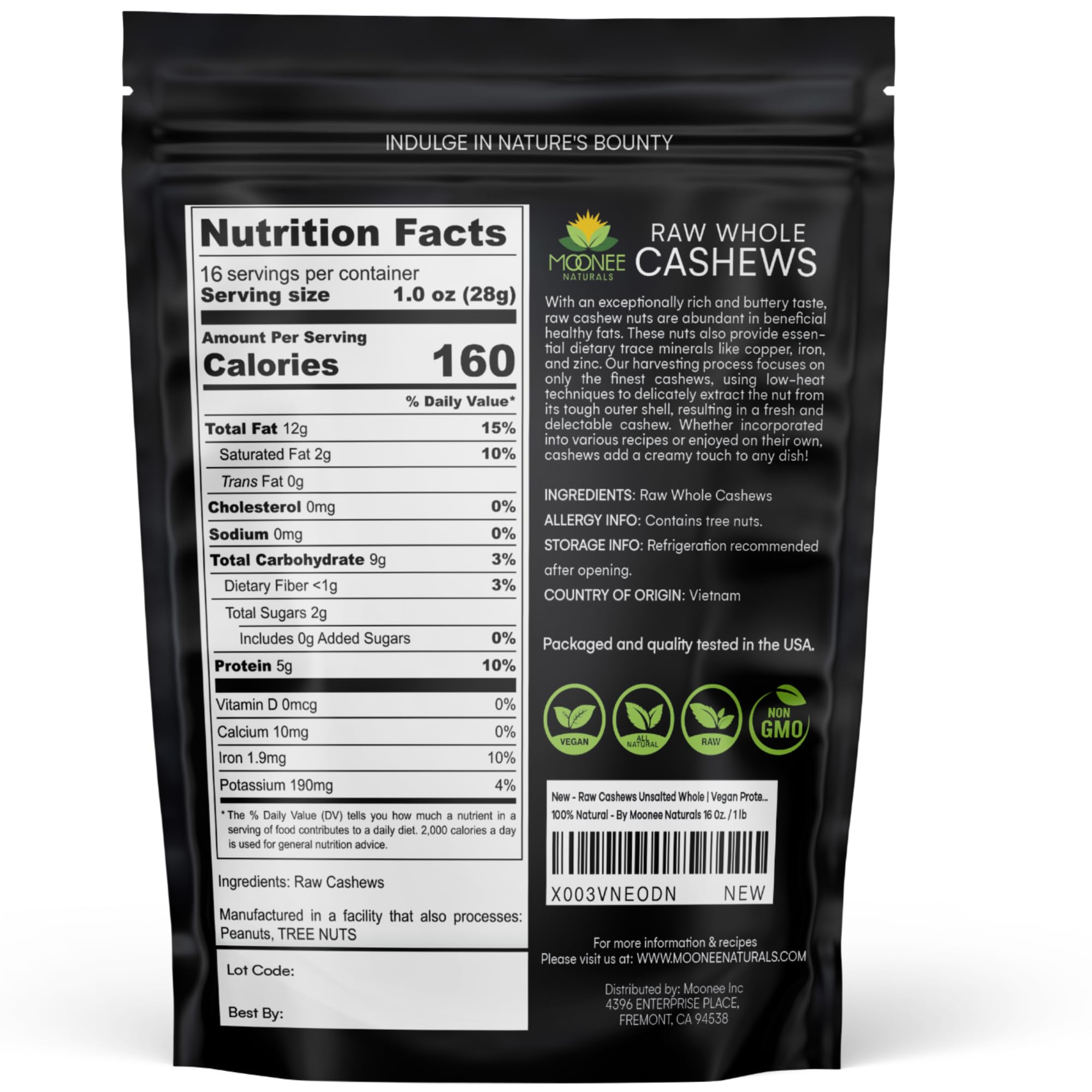 Organic Raw Cashews Unsalted Whole 1 lb (16 oz) | Vegan, Keto & Paleo Friendly Protein Snacks | Non-GMO, 100% Natural Nuts for Cashew Milk, Trail Mix & Baking | Healthy Bulk Snacks for Parties, Office & Home - Moonee Naturals
