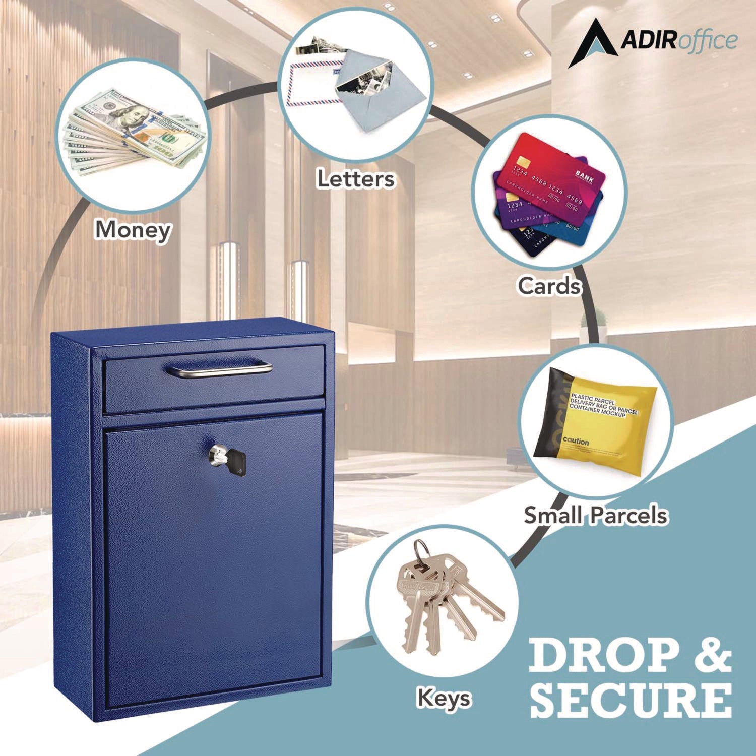 AdirOffice Large Wall Mounted Secure Drop Box - 11.2 x 4.7 x 16.2 Inch Blue Mailbox for Home & Office - Perfect for Package Delivery, Mail Collection and Secure Document Storage