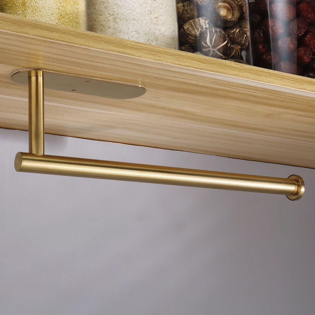 13 Inch Gold Adhesive Paper Towel Holder - Under Cabinet & Wall Mount Kitchen Towel Organizer for Home, Office, or RV Use