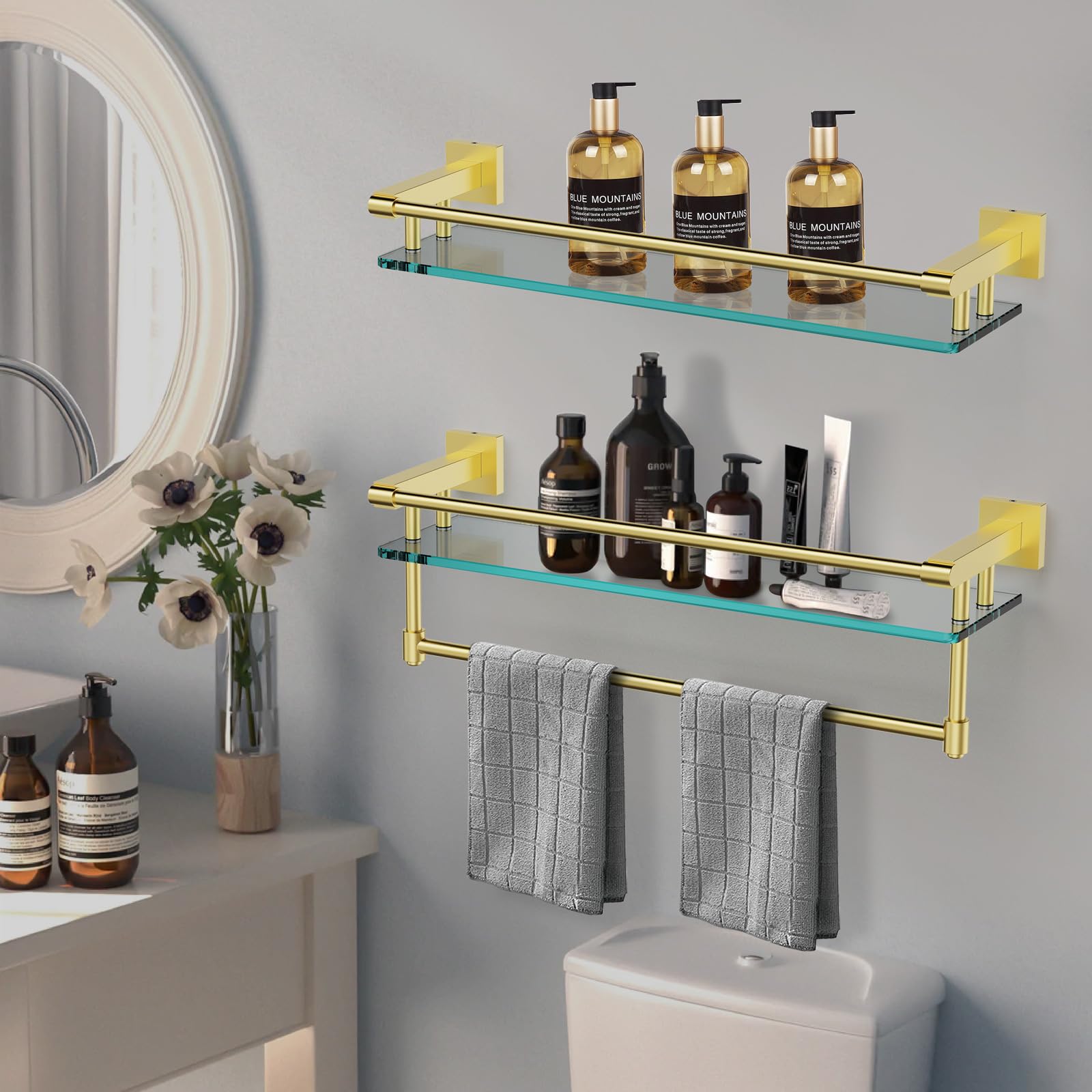 2 Pack 20IN Bathroom Glass Shelves - Stainless Steel Brackets & Tempered Glass - Modern Rectangular Storage Stand for Toilet Accessories (Brushed Gold) - Perfect for Shower Organizer, Spa Decor, and Bathroom Wall Mount