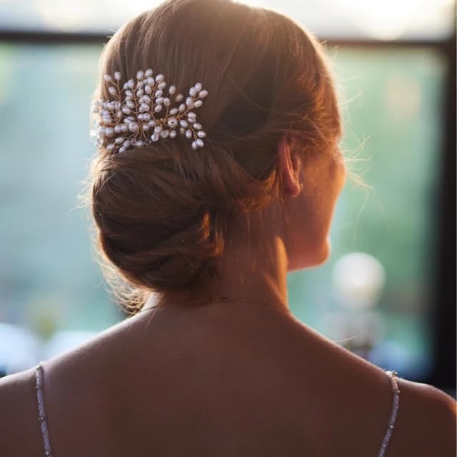 Elegant Golden Pearl Hair Comb - Bridal Hair Accessories for Wedding, Bridesmaid, and Special Occasions | Floral Hair Pin, Bun Comb, Juda Pin, Hair Jewelry Brooch | Perfect for Weddings, Prom, and Formal Events