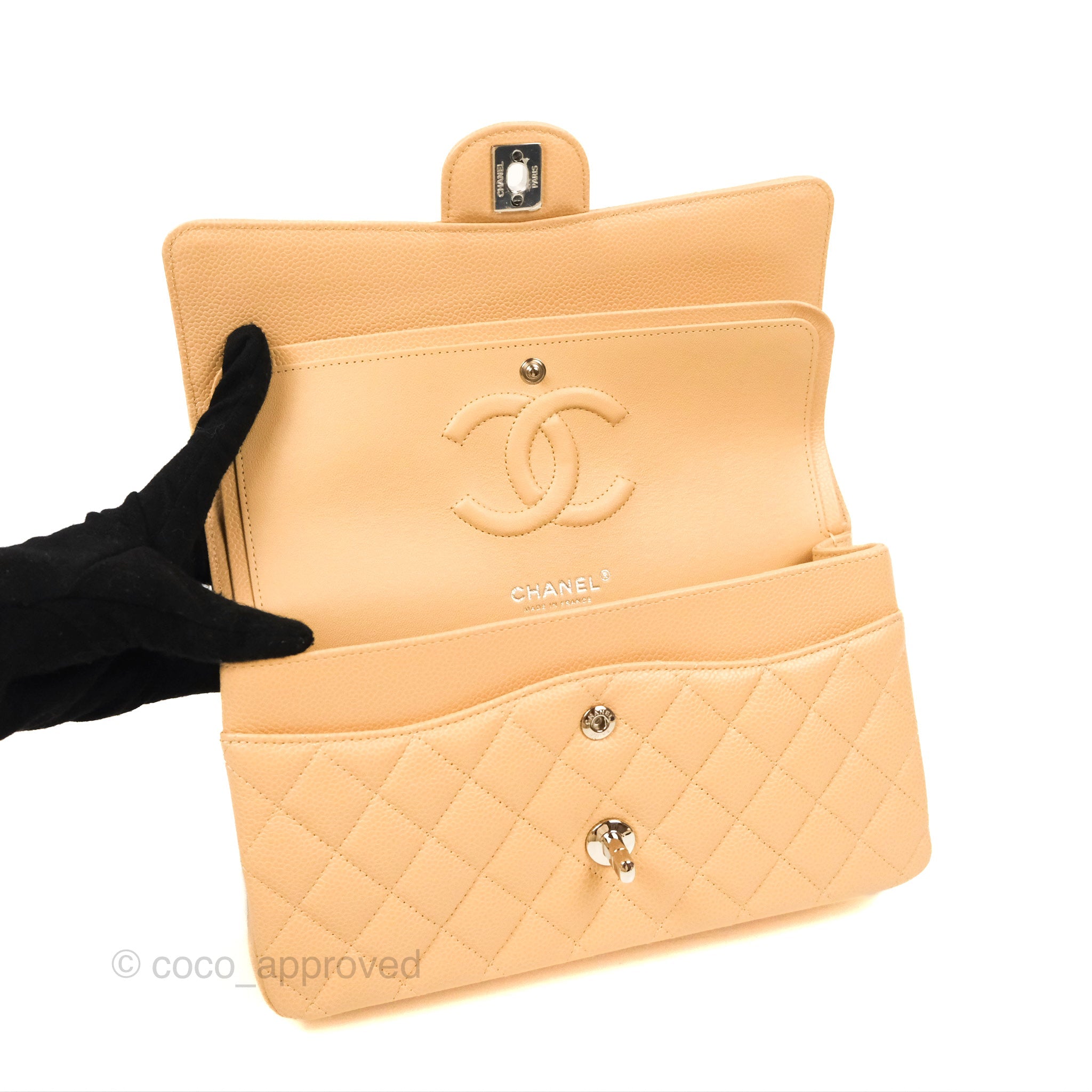 Chanel Classic Medium Double Flap Bag Quilted Beige Caviar Leather with Silver Hardware - Luxury Designer Handbag for Women, Perfect for Work, Evening & Special Occasions