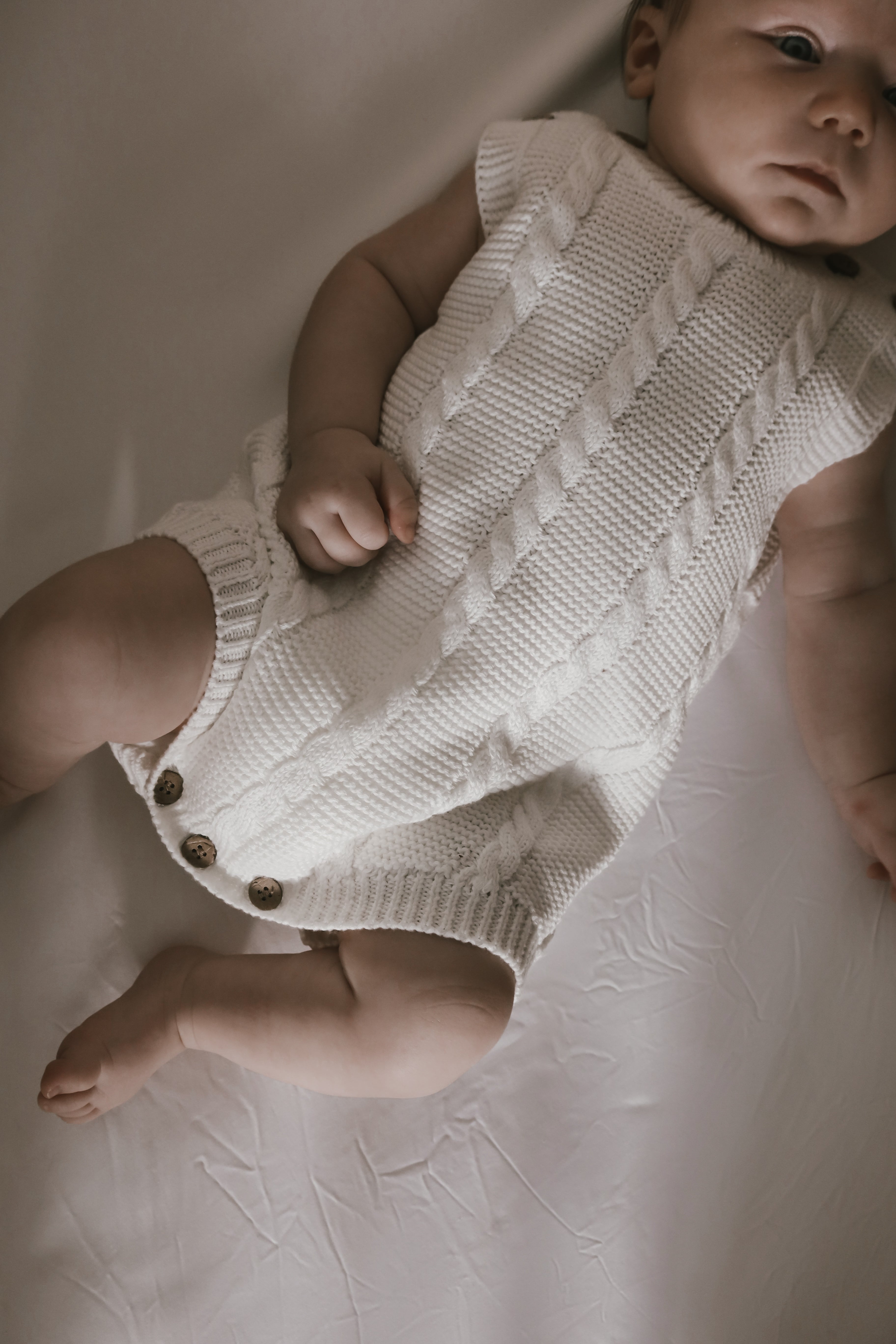 Soft Cable Knit White Summer Baby Romper - Comfortable & Breathable Outfit for Newborns & Infants | Perfect for Beach, Park & Family Photos