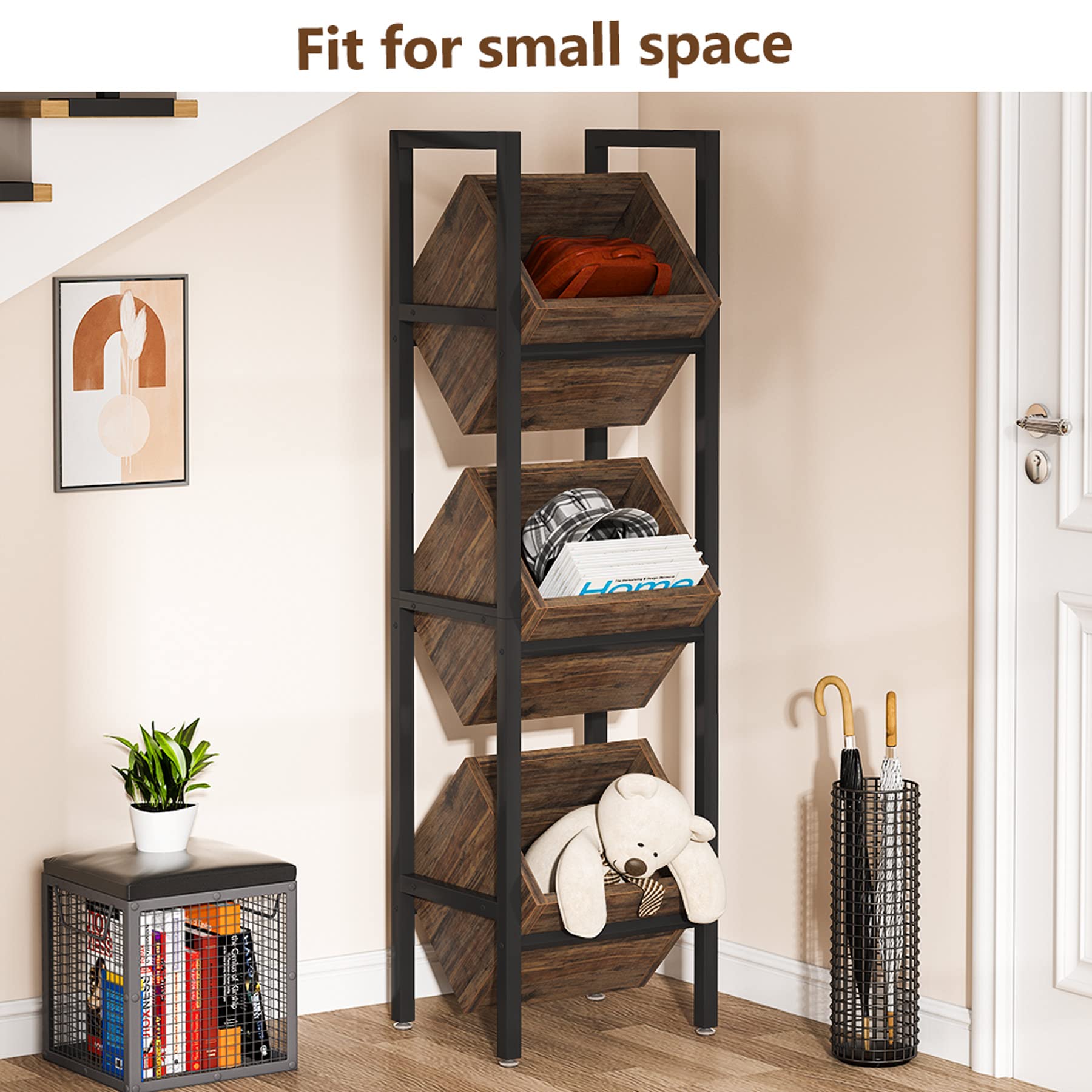 Tribesigns 3-Tier Wooden Basket Stand - Rustic Vertical Storage Organizer with Baskets for Kitchen, Bathroom, Living Room - Perfect for Fruit, Snacks, Towels & Home Organization