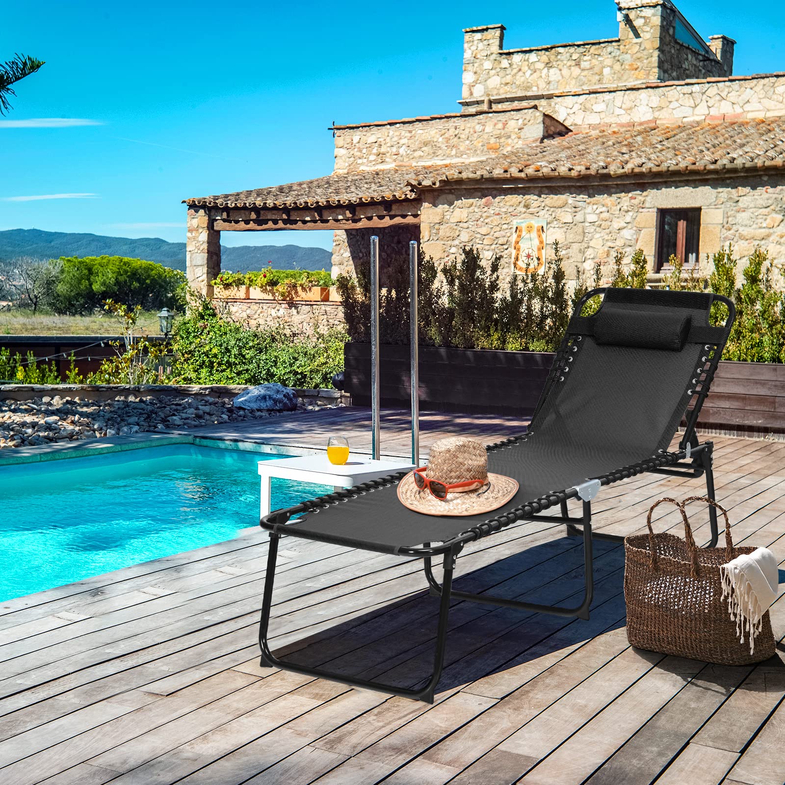 Gymax Outdoor Lounge Chair - Extra Tall Folding Beach Chair with 4-Position Adjustable Backrest, 2-Level Footrest & Removable Pillow - Perfect for Sunbathing, Poolside Relaxation, Patio & Lawn Use (Black)