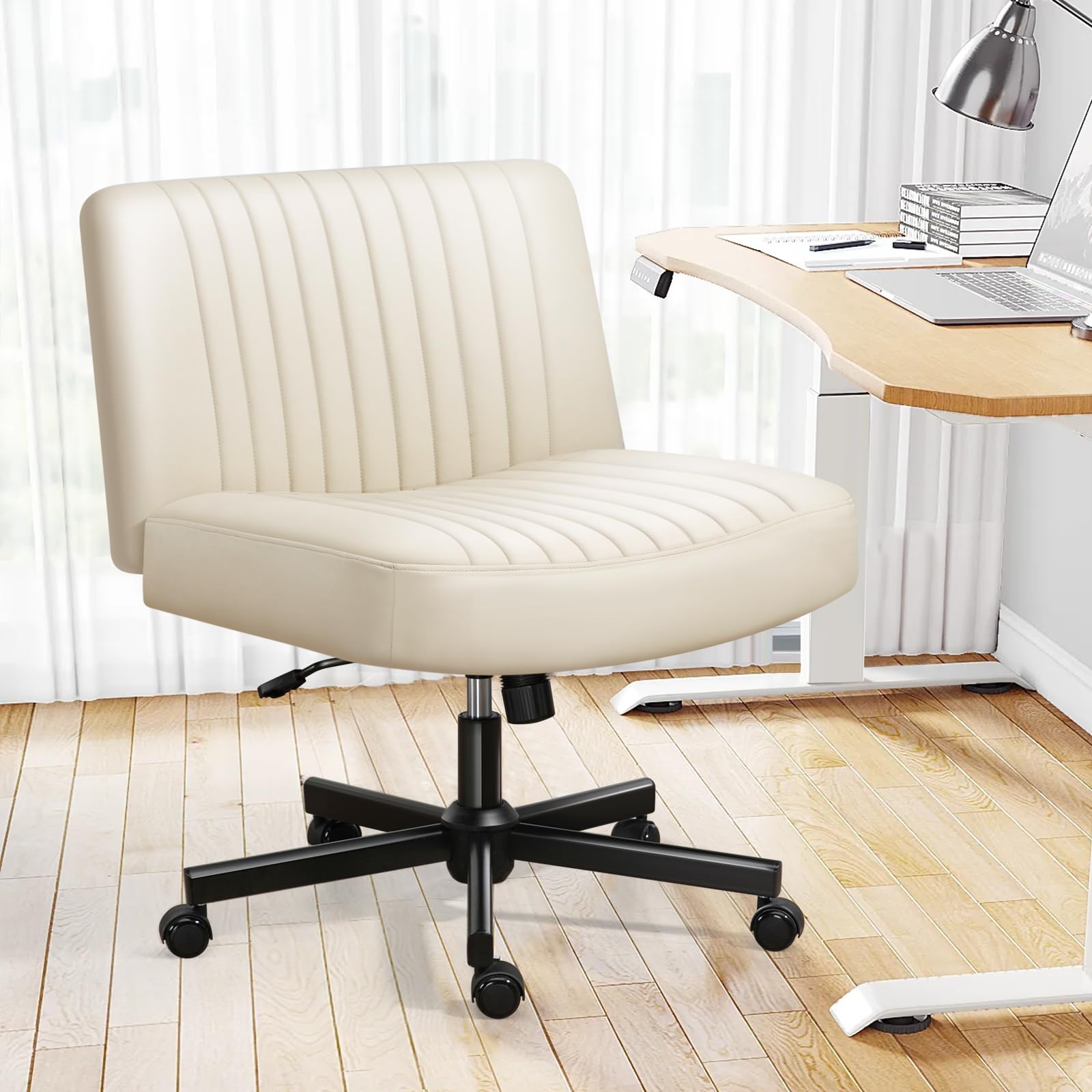 Darkecho Criss Cross Chair with Wheels - Thick Padded Leather Cross Legged Wide Office Chair with Pocket Spring Cushion, Adjustable Computer Task Vanity Chair for Home Office, Bedroom, Living Room - Beige (Perfect for Work from Home, Gaming & Relaxing)
