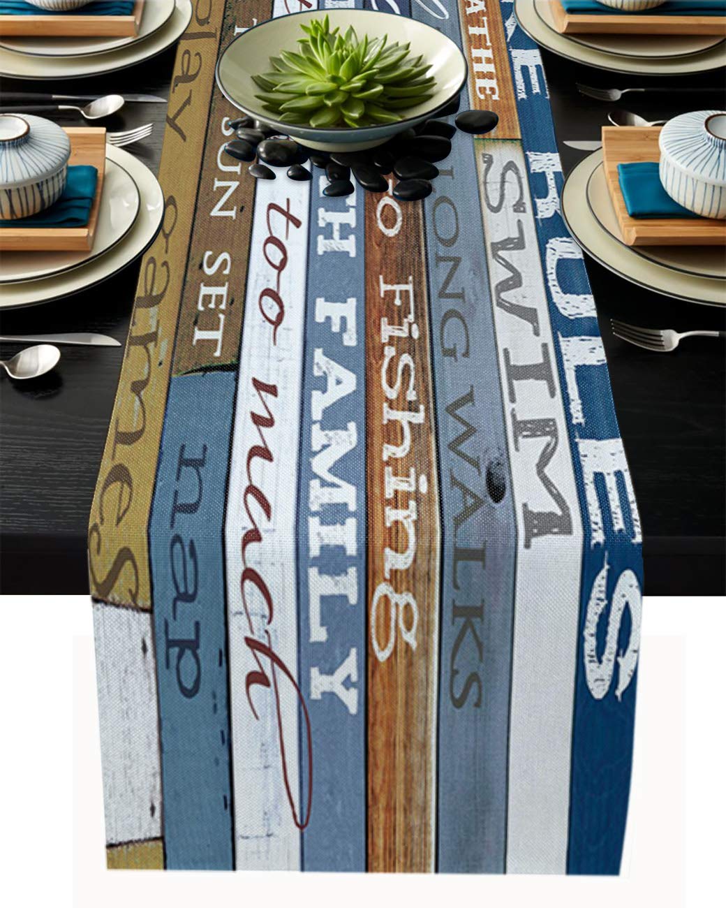 72 Inch Cotton Linen Table Runner - Vintage Wood Plank Design Rectangular Kitchen Table Scarf for Dining Room, Dresser, Party Decor | Perfect for Farmhouse Dinner, Wedding, and Holiday Table Settings