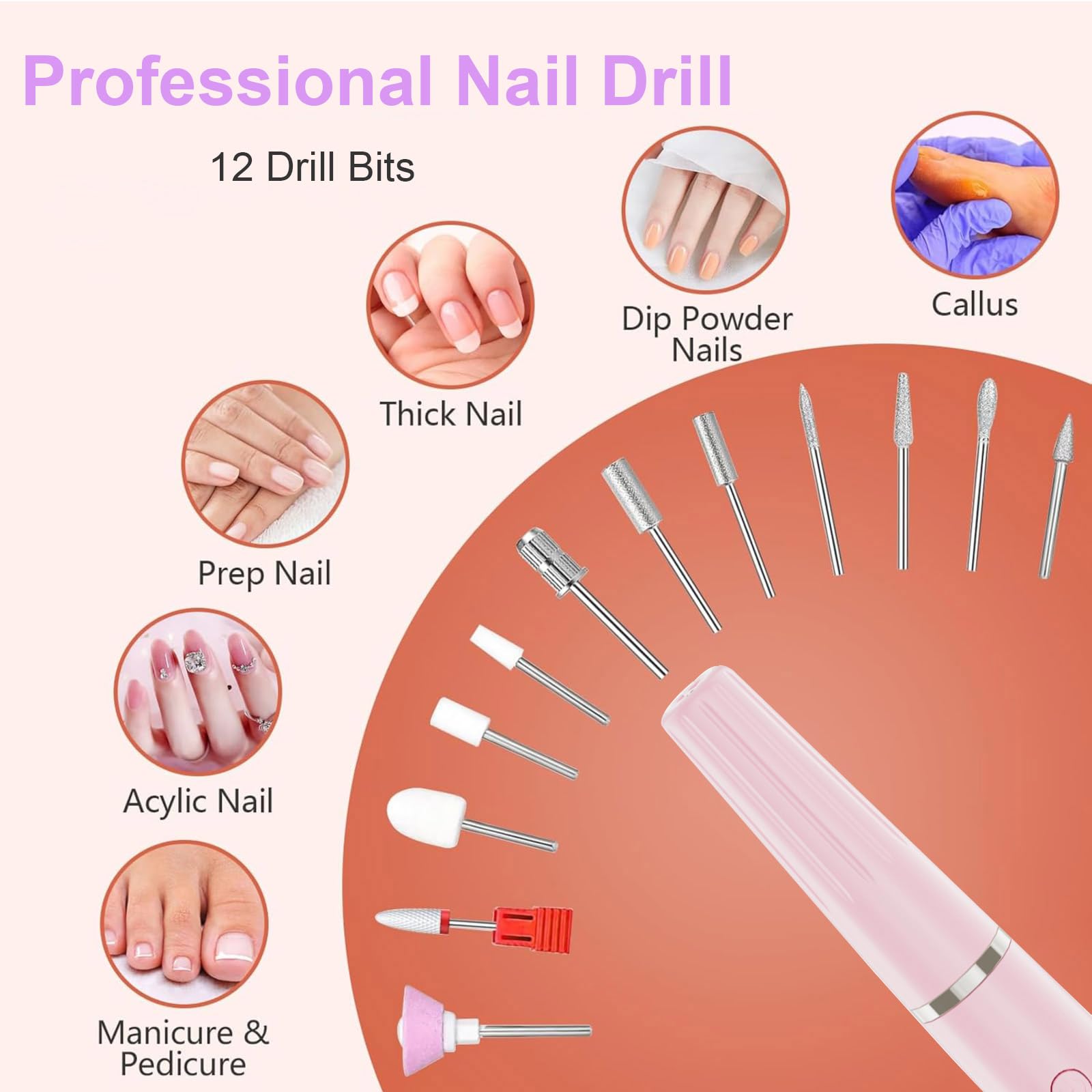 Professional Rechargeable Electric Nail Drill Kit - Cordless Nail Filer for Acrylic & Gel Nails | Manicure & Pedicure Set for Beginners & Professionals | Perfect for Home Salon, Nail Art & DIY Nail Care (Pink)