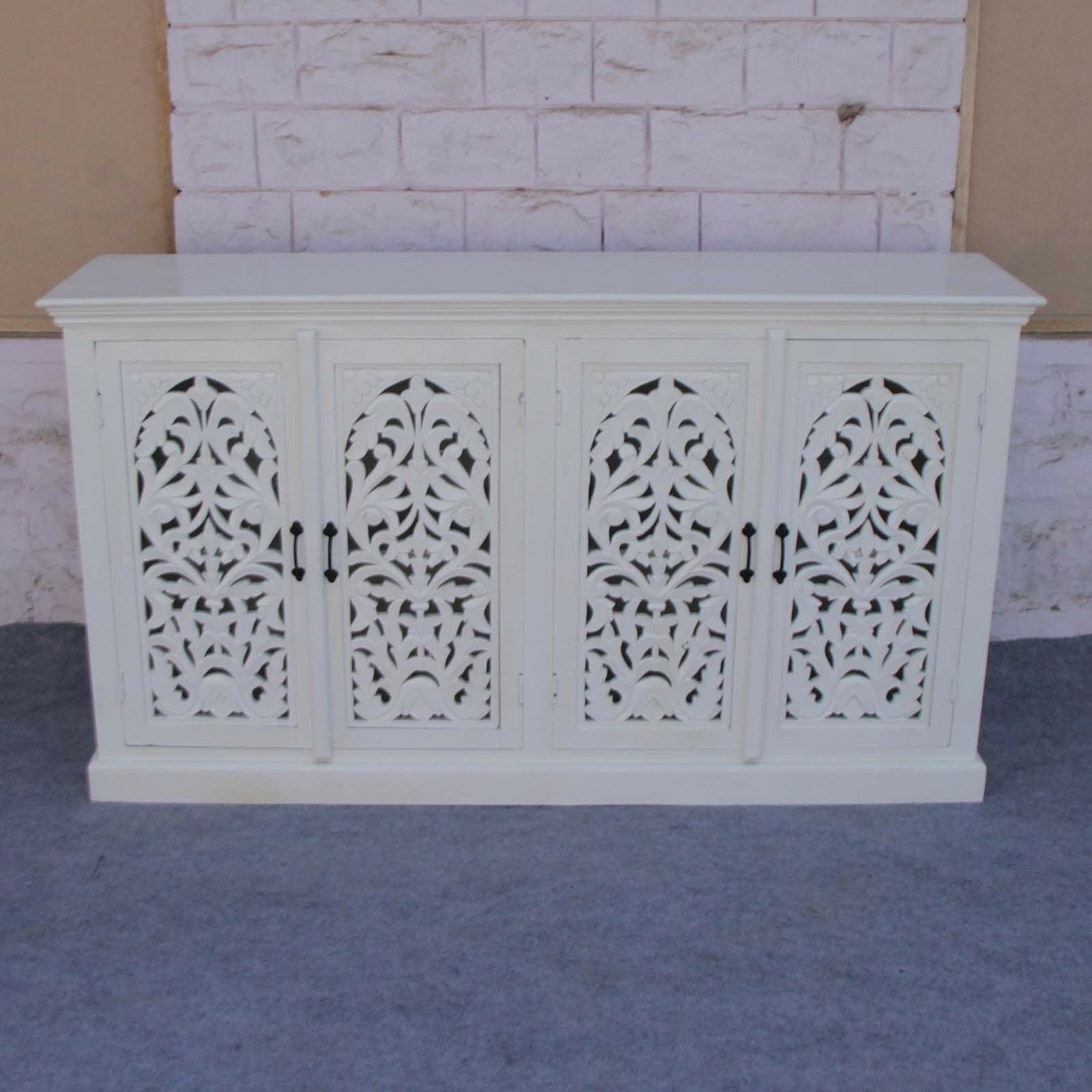 Hand Carved White Floral Jali Design Sideboard 160cm - Elegant Storage Solution for Living Room, Dining Room & Entryway