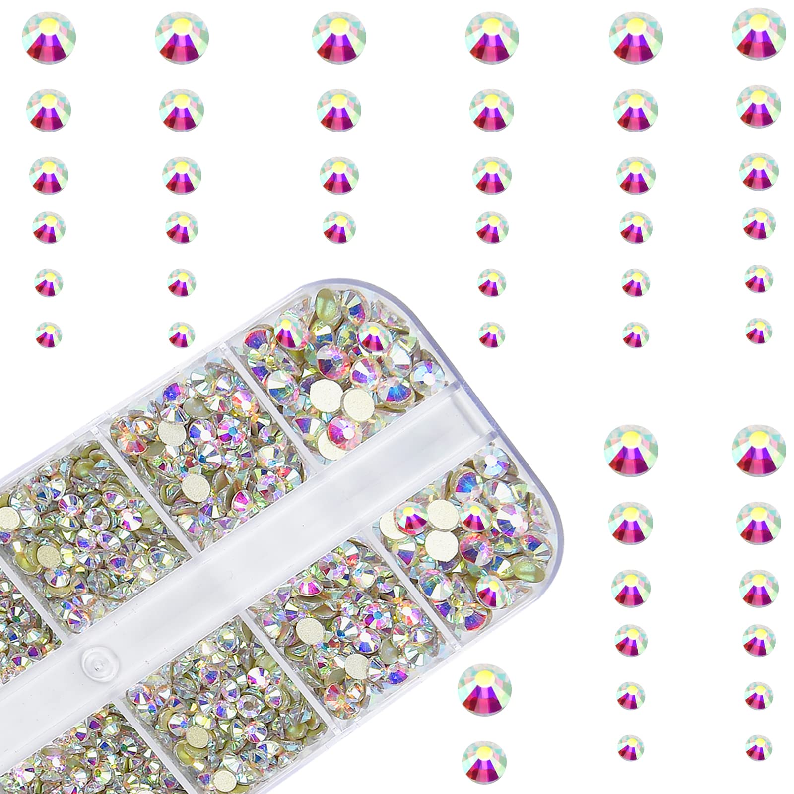 2400Pcs Flat Back Rhinestones - 6 Sizes (1.9-4.5mm) Crystal AB Gems with Storage Box, Wax Pencil & Tweezers for Nail Art, Clothing, Shoes, Bags & DIY Crafts - Perfect for Jewelry Making, Home Decor & Gift Packaging