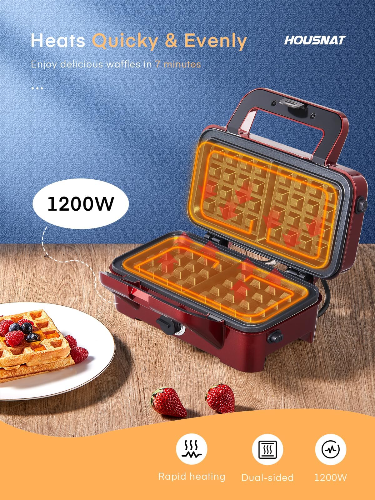 HOUSNAT 3-in-1 Sandwich Maker & Waffle Iron - 1200W Panini Press with Removable Non-Stick Plates, 5-Level Temperature Control & Indicator Lights (Red) - Perfect for Breakfast, Snacks & Family Gatherings