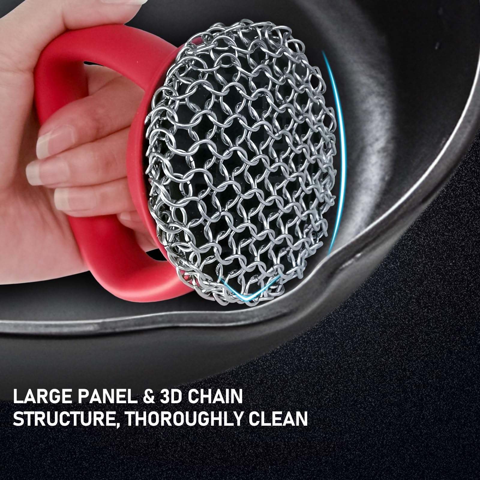 316L Stainless Steel Chainmail Scrubber with Ergonomic Handle - Heavy Duty Cast Iron Pan Cleaner for Skillets, Griddles & Dutch Ovens - Perfect for Removing Stubborn Food Residue & Seasoning Cast Iron Cookware