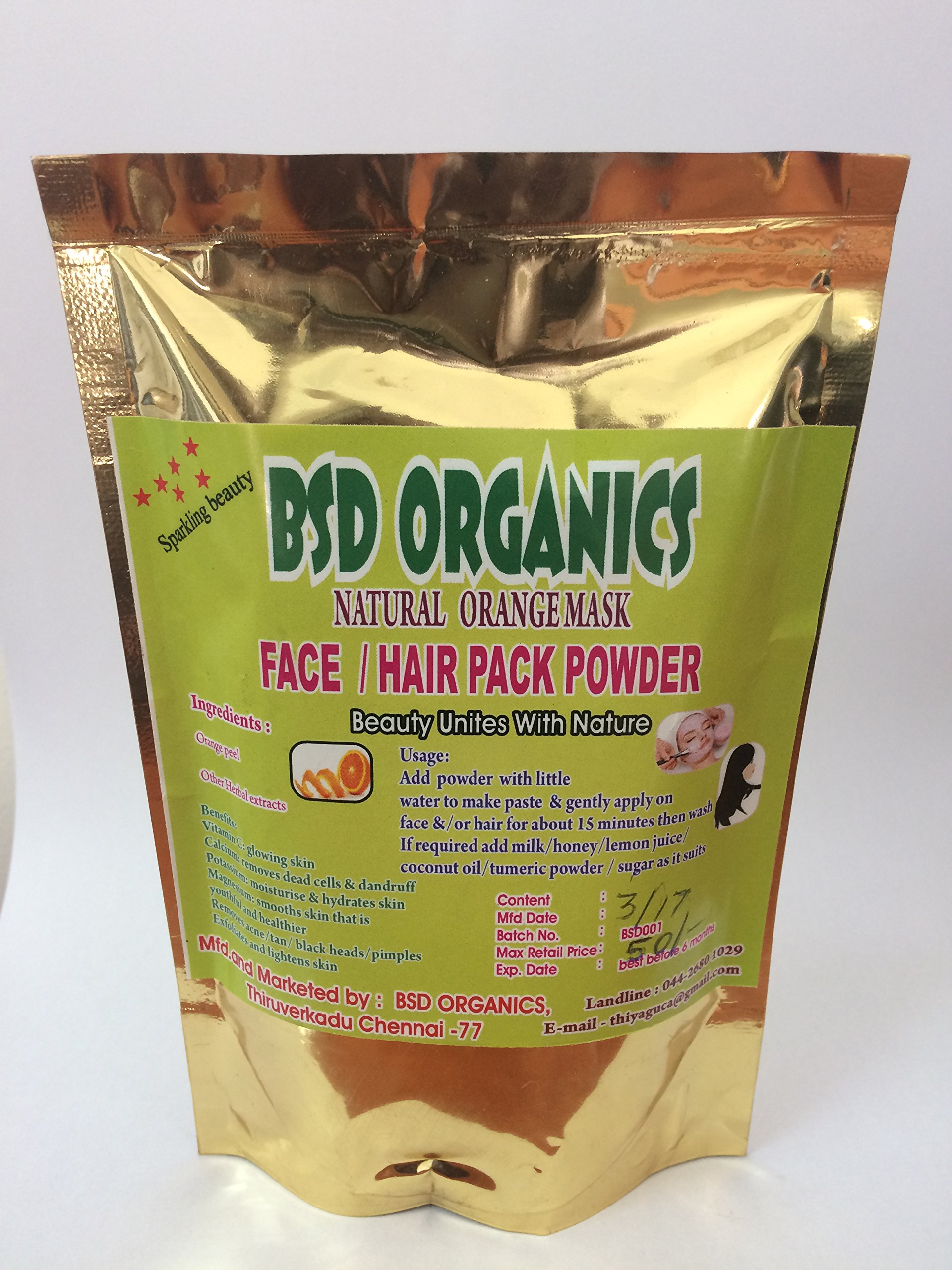 BSD Organics Natural Face & Hair Pack with Orange Peel Powder - 200g | Organic Skincare & Hair Treatment for Glowing Skin & Healthy Hair | Perfect for DIY Beauty Masks & Spa Days