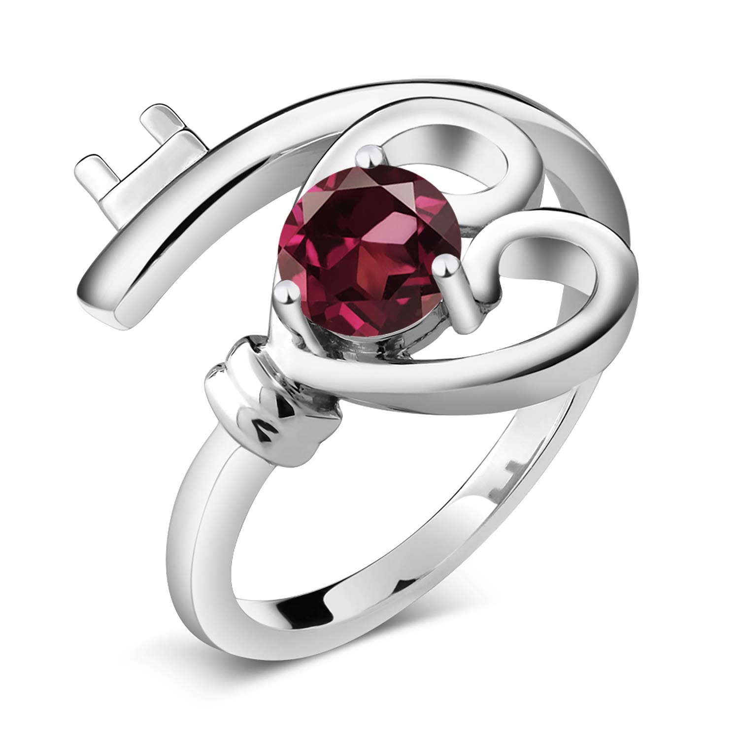 925 Sterling Silver Red Rhodolite Garnet Heart Key Ring for Women - 0.60 Cttw Birthstone Jewelry (Size 5-9) | Elegant Gift for Valentine's Day, Anniversary & Birthday