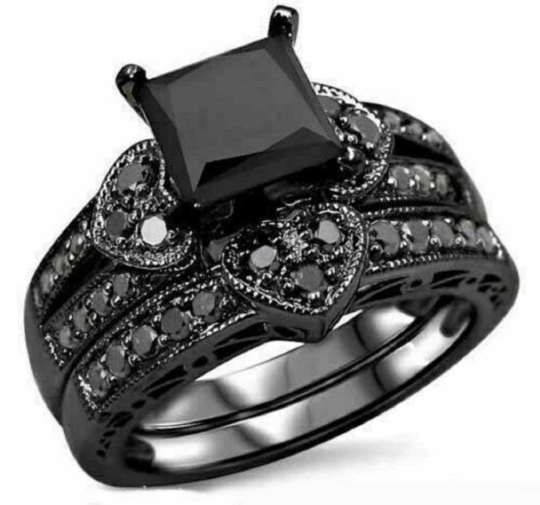 Princess & Round Cut Black Diamond 925 Sterling Silver 14K Black Gold Plated Engagement Ring Set for Women - Perfect for Weddings, Proposals & Anniversary Gifts