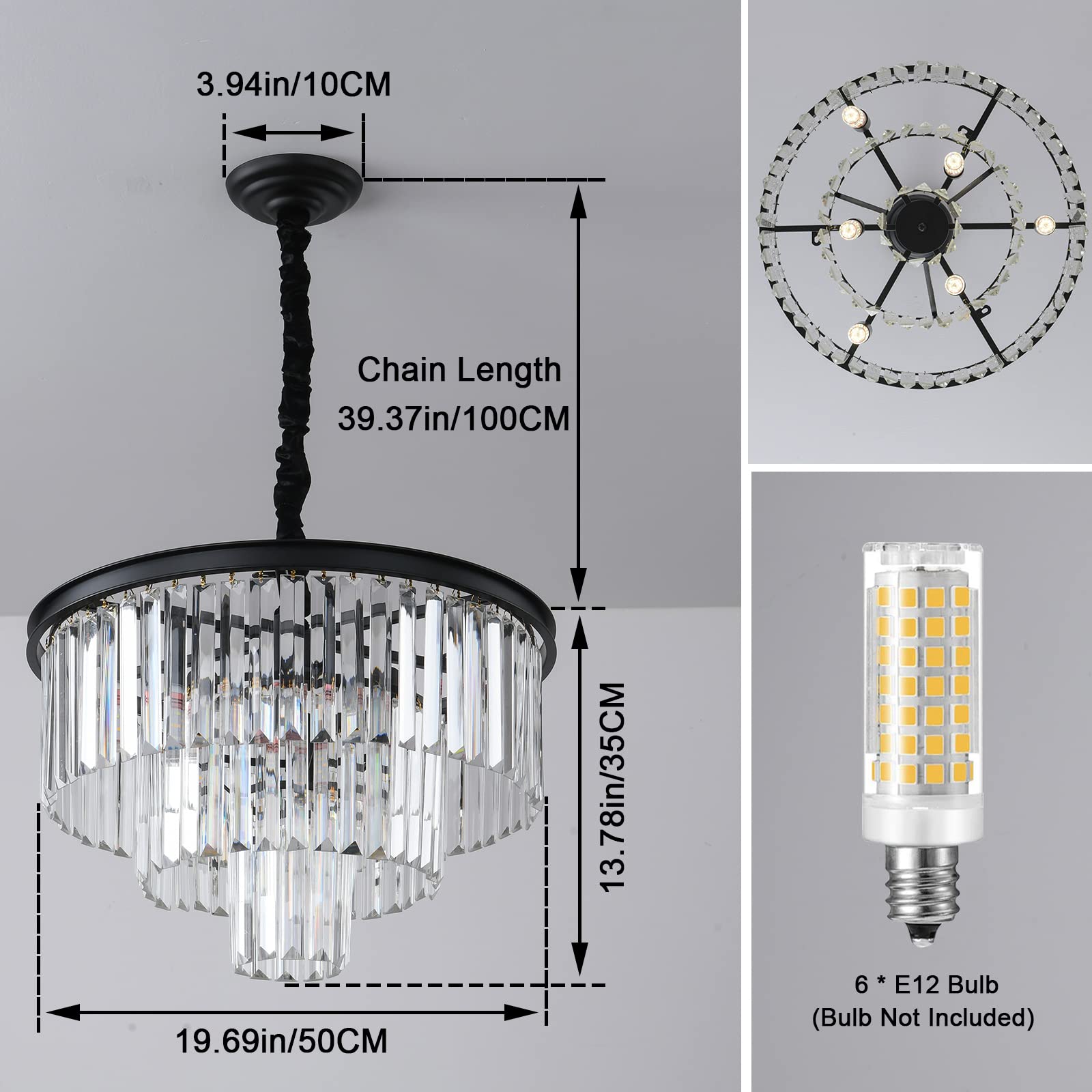 Modern Black Crystal Chandelier - 3-Tier Round Flush Mount Ceiling Light with Adjustable Height, Elegant Pendant Lighting for Dining Room, Living Room, Bedroom, Kitchen & Hotel Foyer | Perfect for Home Decor, Wedding Venues and Luxury Interior Design