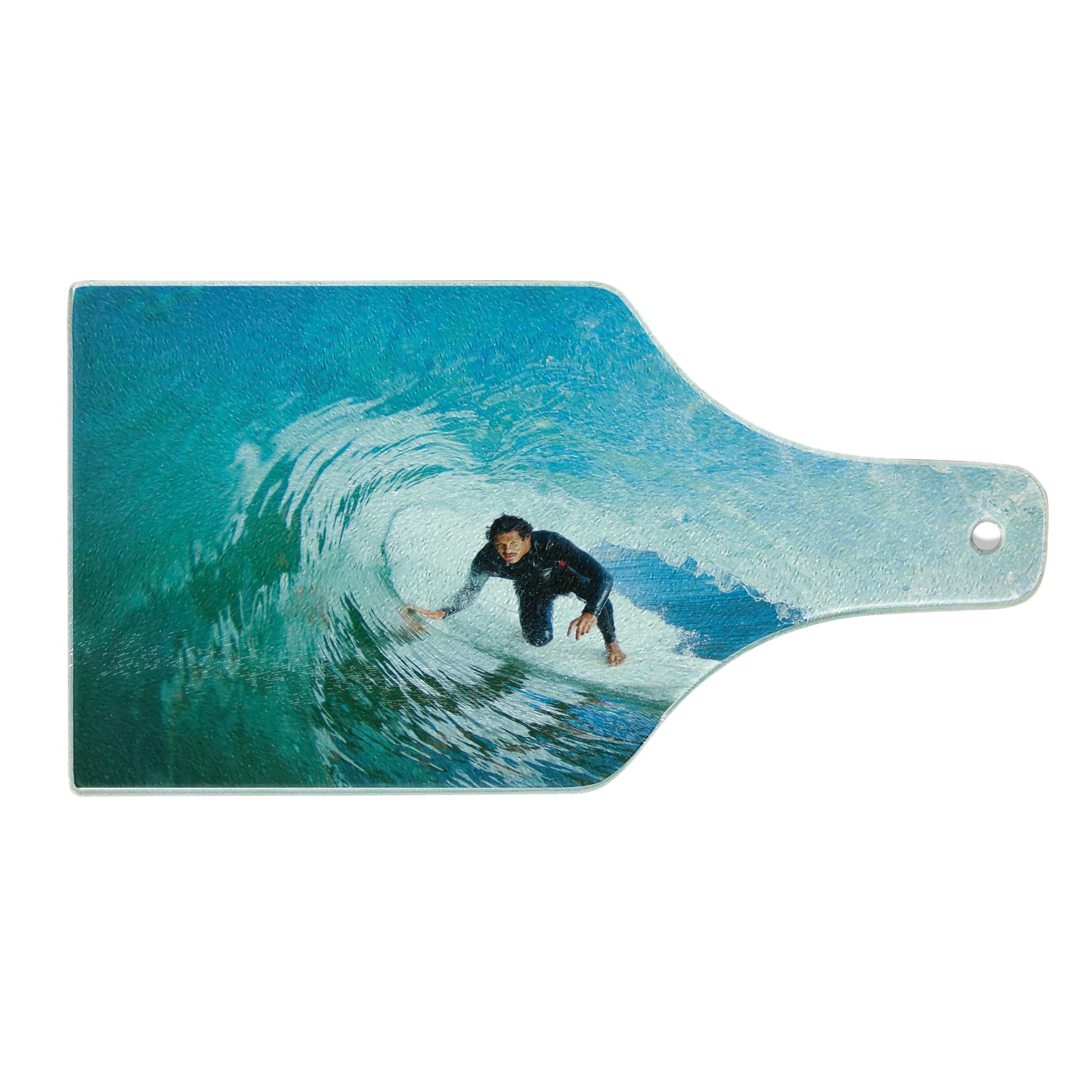 Ambesonne Ride The Wave Tempered Glass Cutting Board - Ocean Wave Surfer Adventure Design - Sky Blue & White Wine Bottle Shaped Serving Board for Kitchen & Entertaining - Perfect for Beach House Decor, Party Serving & Gift Giving