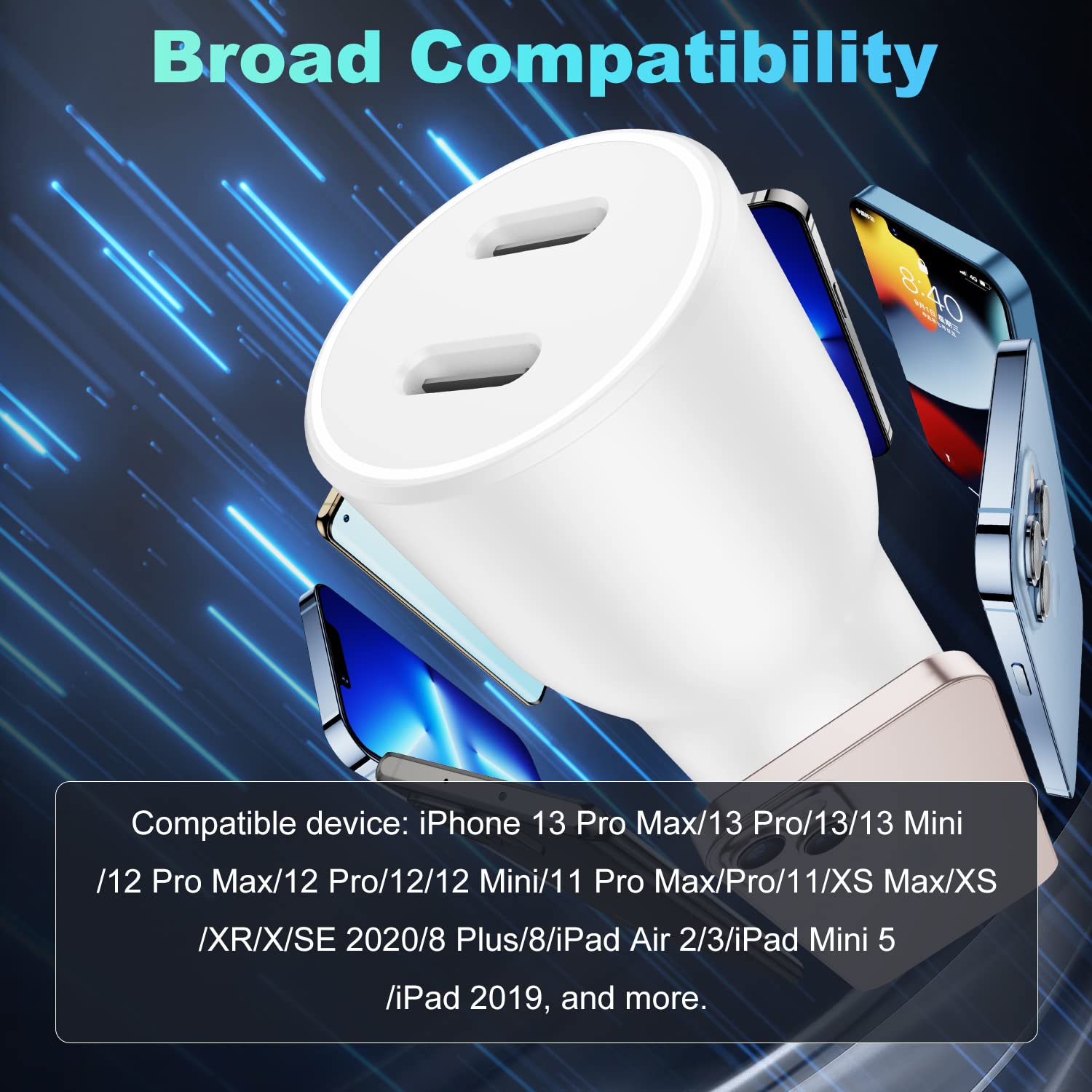 MFi Certified 45W Dual USB-C Car Charger for iPhone 14/13/12 Pro - Fast Charging with C to Lightning Cable - Perfect for Road Trips & Commuting