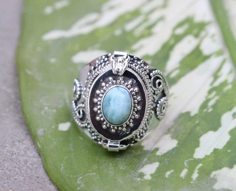 Boho Poison Ring - 925 Sterling Silver Handmade Statement Ring with Dominican Republic Larimar | Vintage Style Pillbox Locket Ring for Women | Perfect for Gothic Fashion, Witchy Aesthetics & Unique Gift Giving