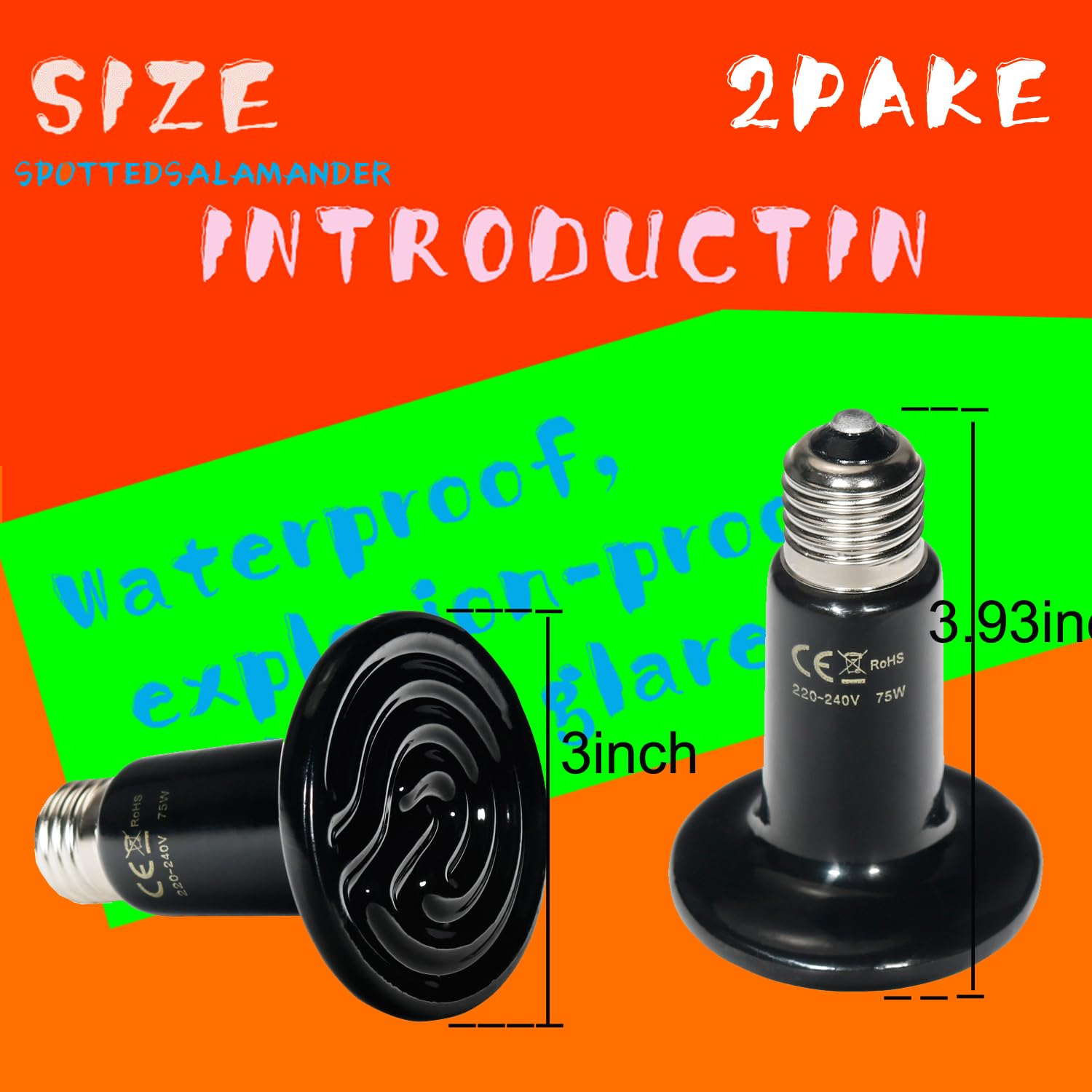 2 Pack 100W/75W Ceramic Heat Emitter Bulb for Reptiles - No Light, Safe & Energy Efficient - Perfect for Terrariums, Vivariums & Reptile Tanks