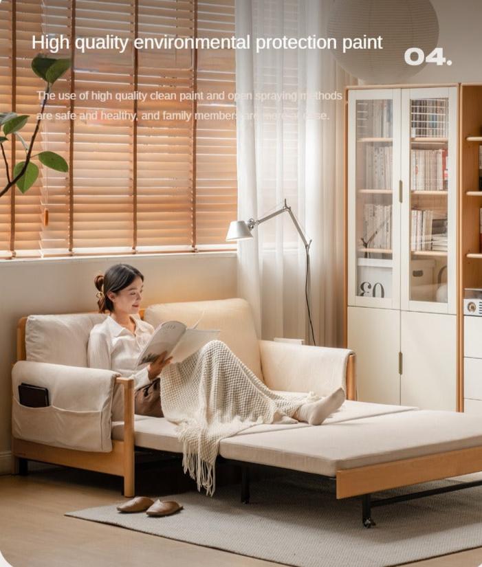 Modern Beech Solid Wood Sofa Bed - Convertible Sleeper for Small Spaces, Guest Room & Studio Apartments