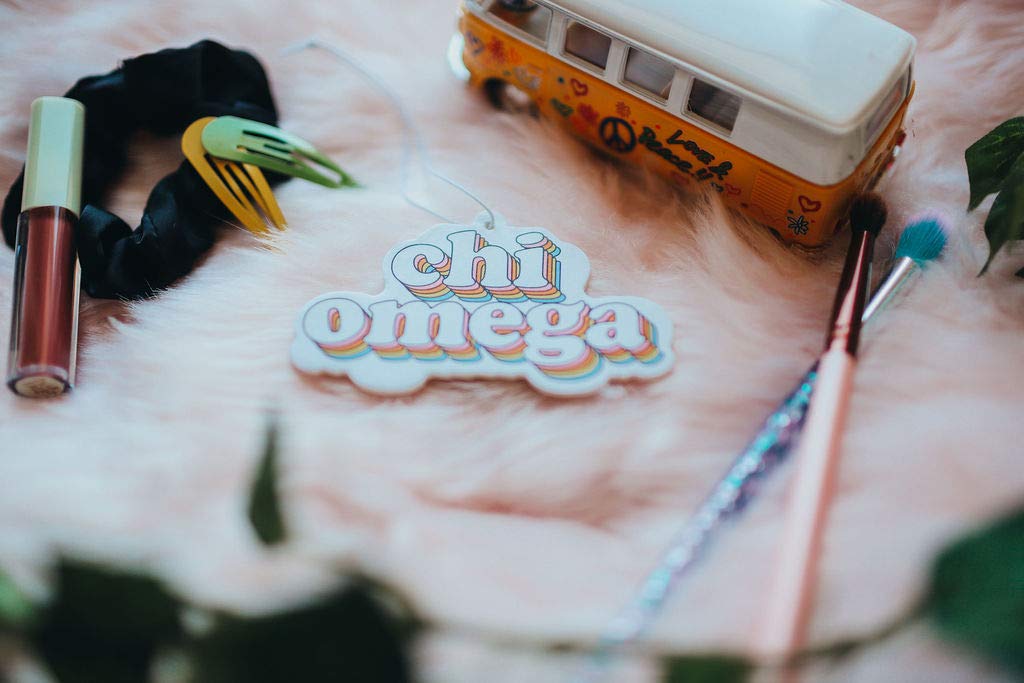 Chi Omega Bubblegum Scented Retro Air Freshener - Sorority Car & Dorm Accessory - Perfect Greek Life Gift for Sisters, Room Decor & Vehicle Fragrance