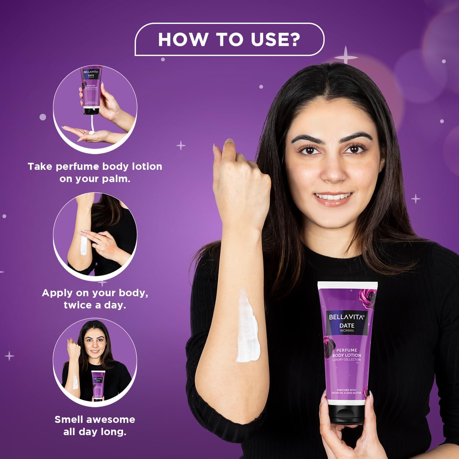 Bell'a Vit'a Luxury Date Perfumed Body Lotion for Women - 200ml with Argan Oil & Shea Butter for Nourishing, Hydrating & Soft Skin | Perfect for Daily Moisturizing, Date Nights & Special Occasions
