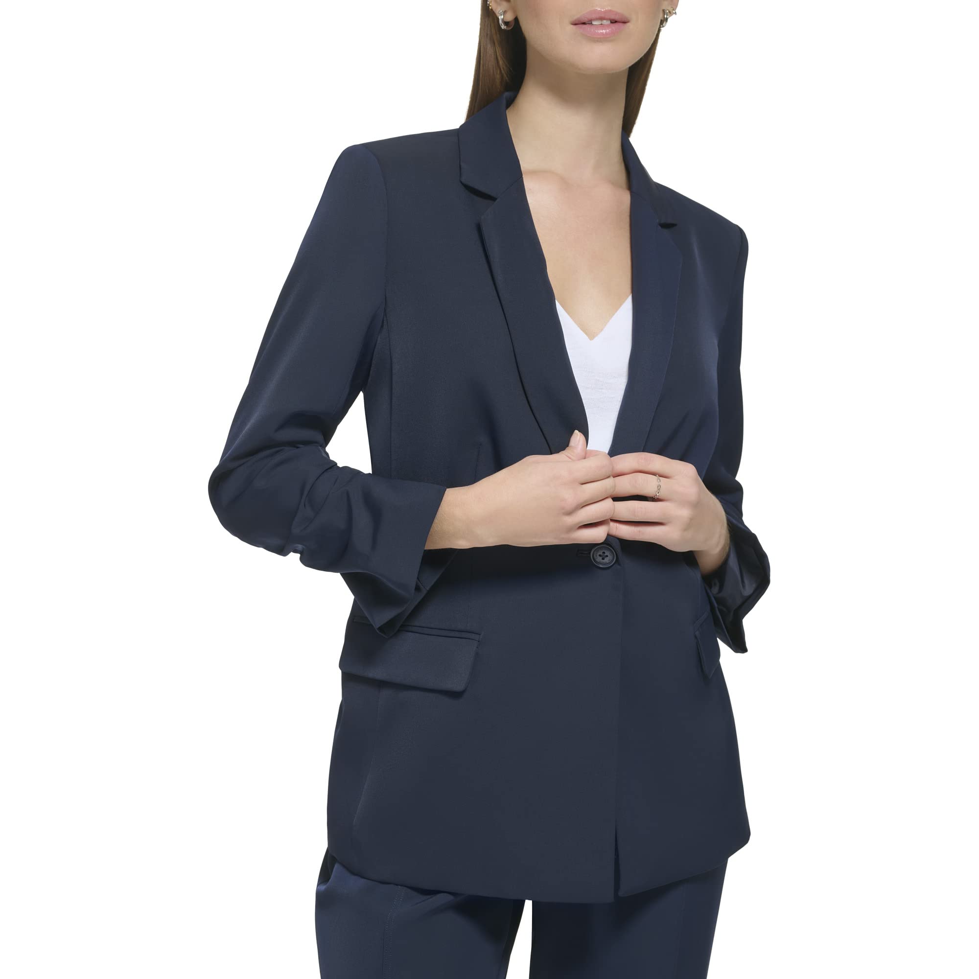 Calvin Klein Women's Trendy Formal Ruched Sleeve Crepe Blazer Jacket for Office Wear & Business Meetings | Slim Fit Workwear Blazer for Professional Women