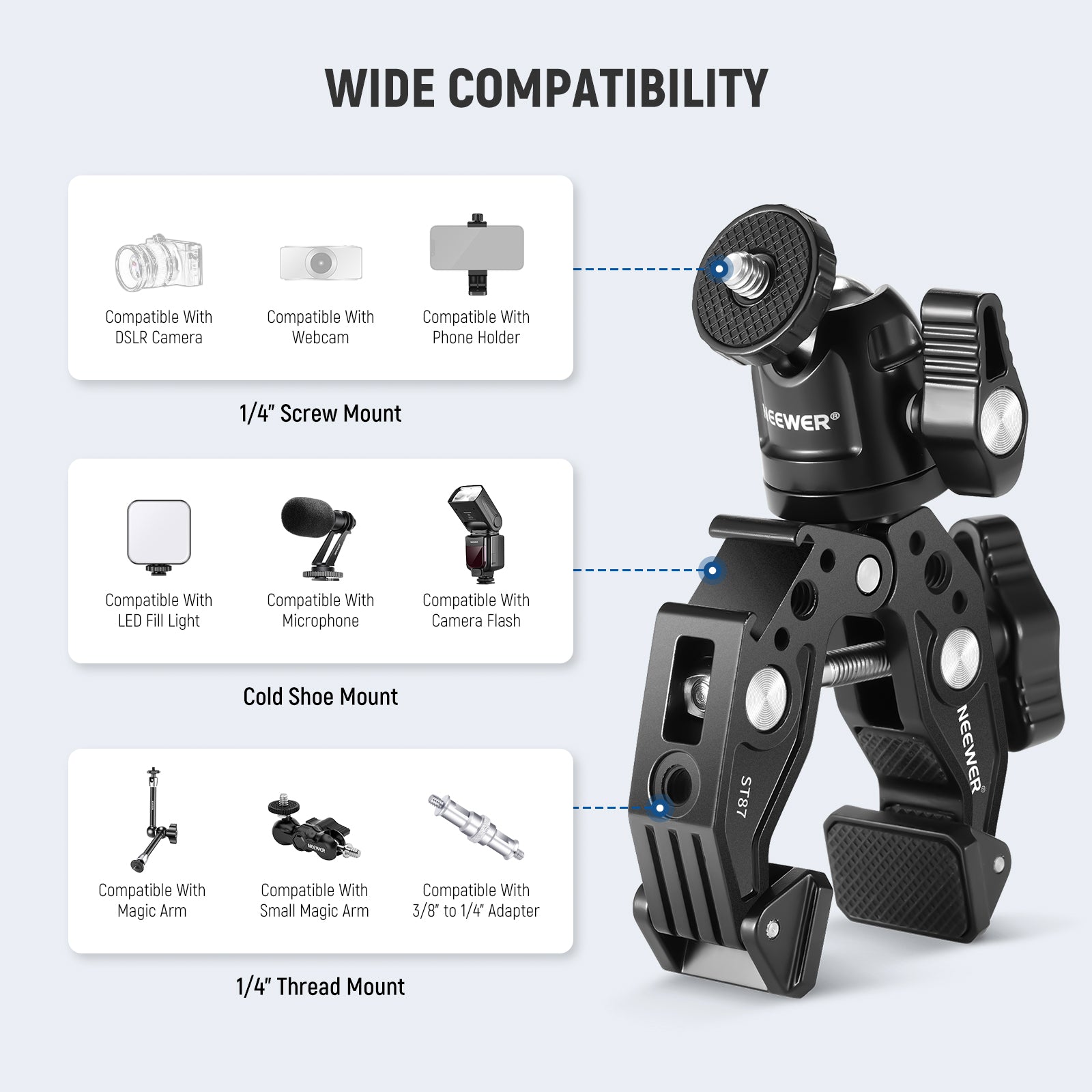 NEEWER ST87 Heavy Duty Super Clamp with 360° Ballhead - Perfect for Camera, Lighting, and Studio Equipment Mounting